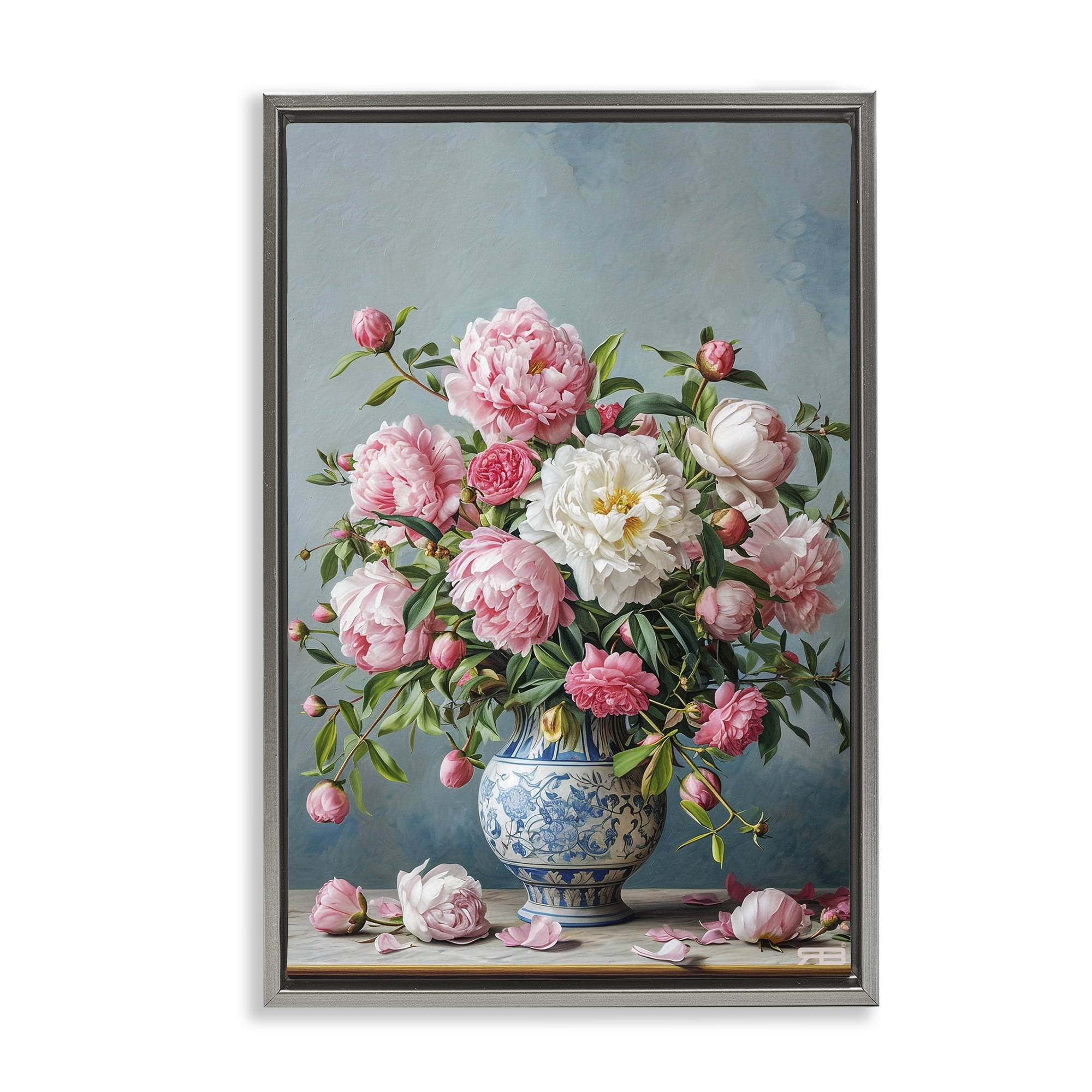 Stupell Industries Full Peonies Vase Botanical & Floral Painting Gray Floater Framed Art Print Wall Art, 17 x 25