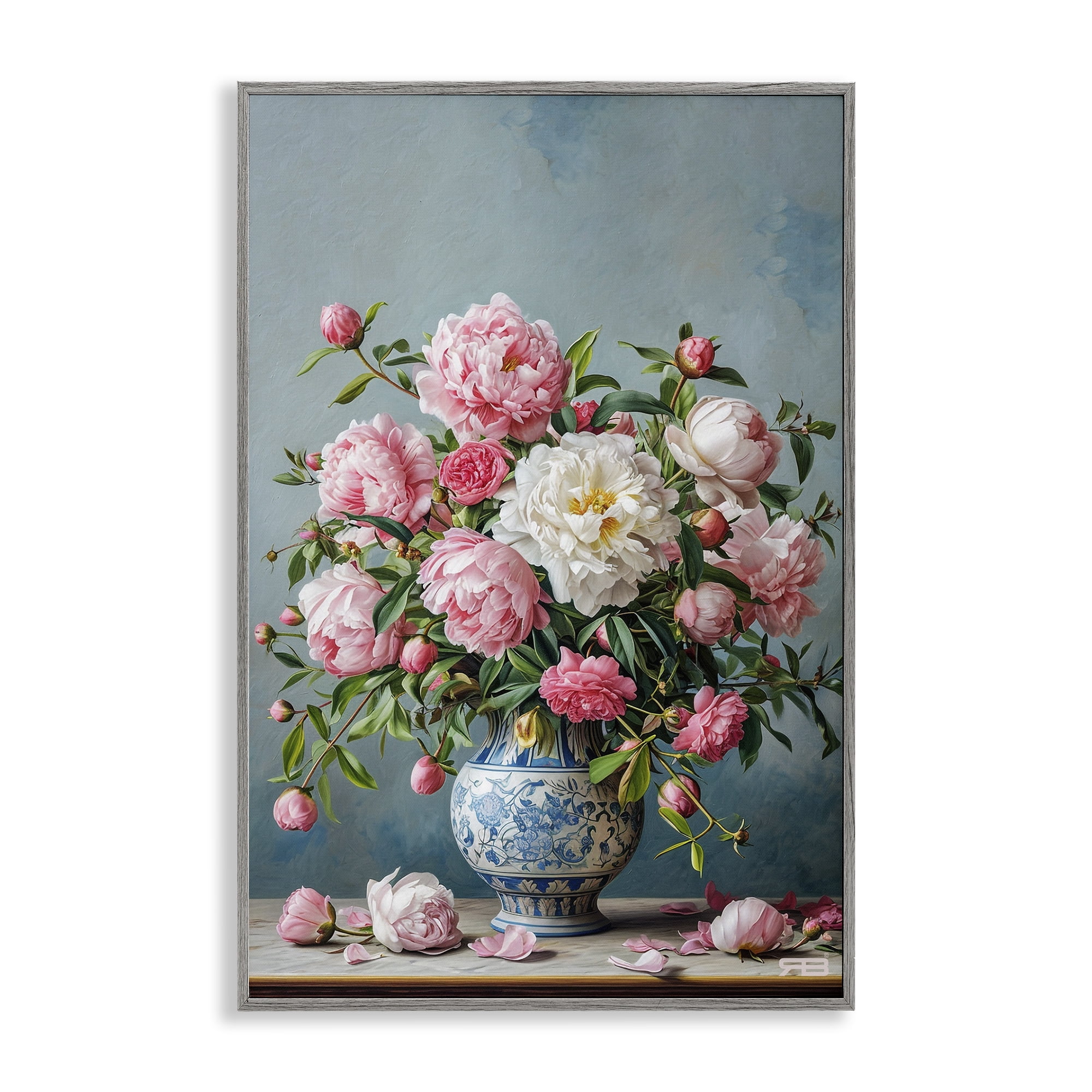 Stupell Industries Full Peonies Vase Botanical & Floral Painting Gray Framed Art Print Wall Art, 20 x 30