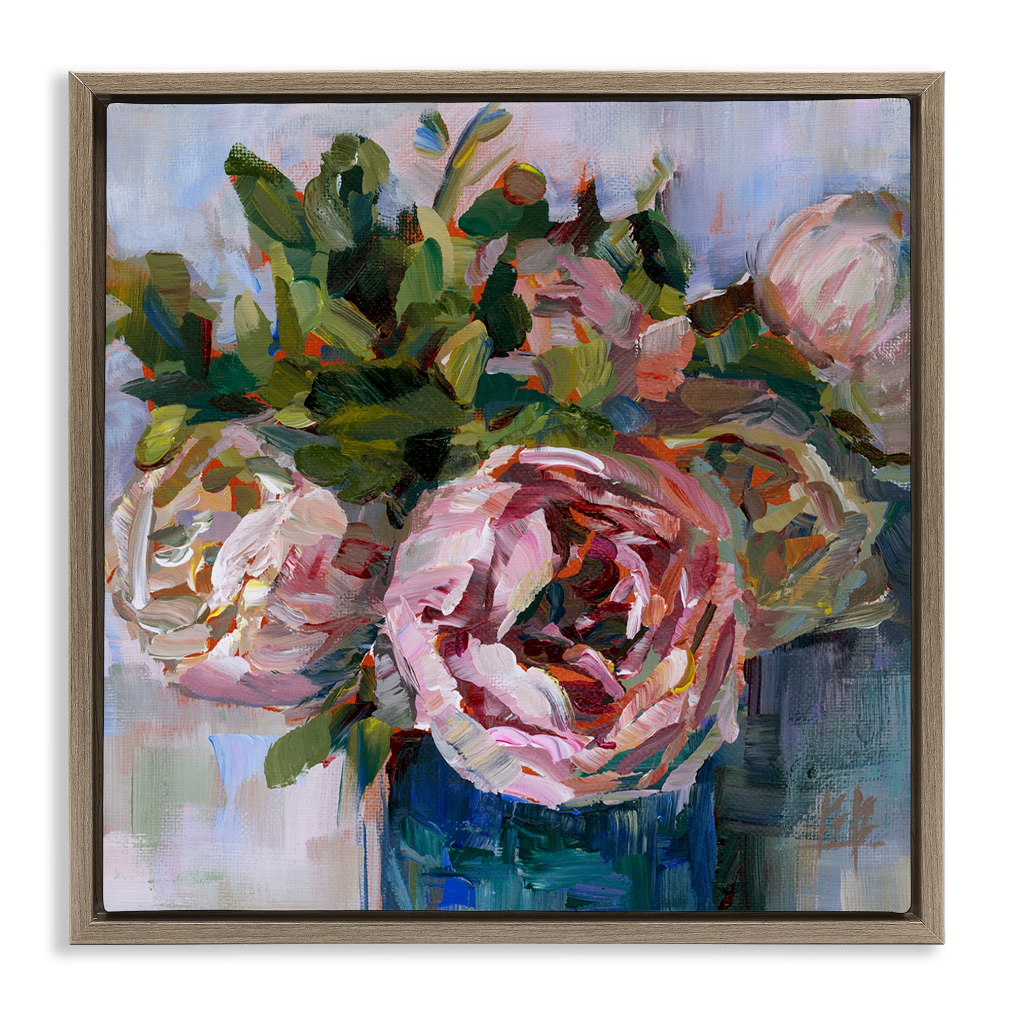 Stupell Industries Full Ranunculus Bouquet Botanical & Floral Painting Brown Floater Framed Art Print Wall Art, 25 x 25