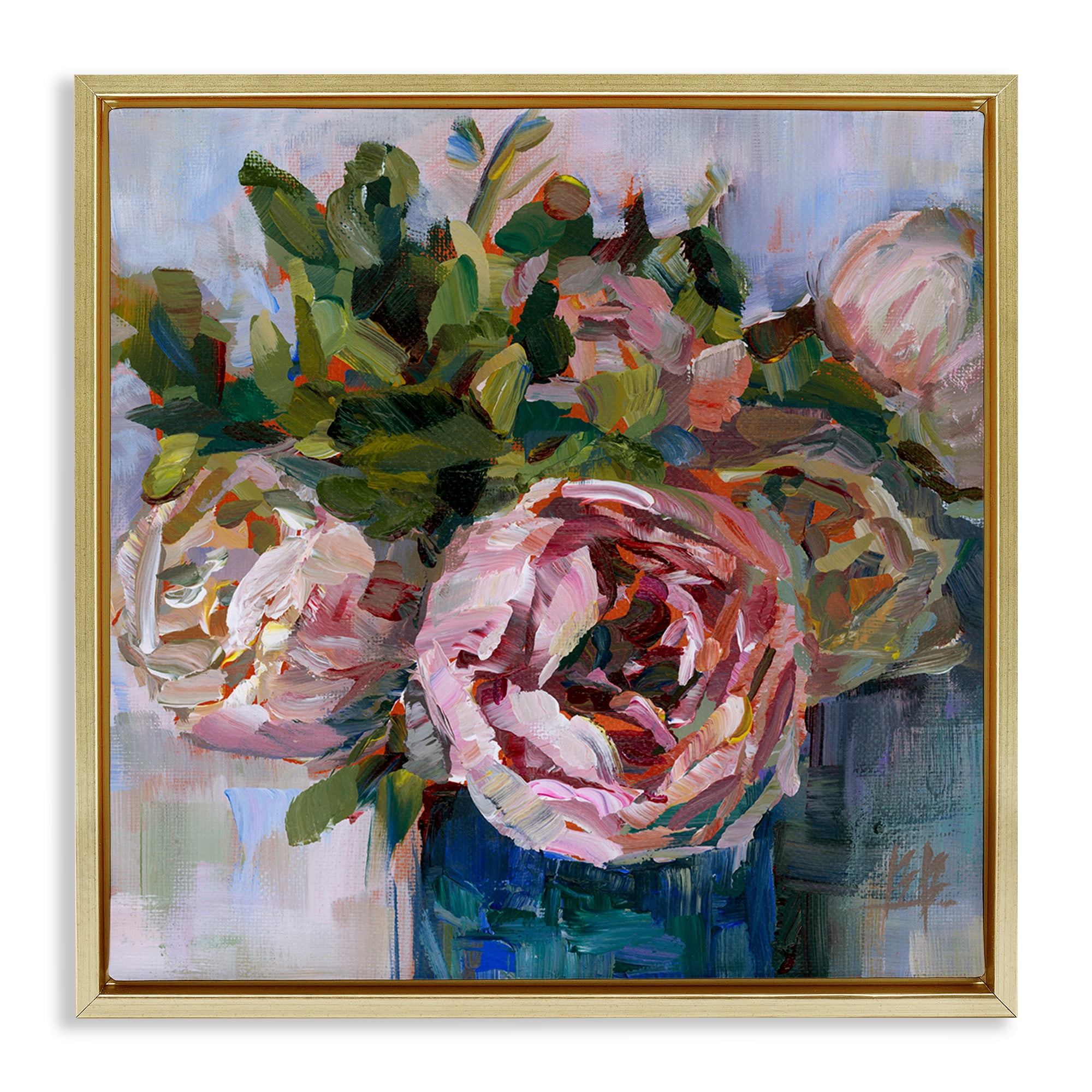 Stupell Industries Full Ranunculus Bouquet Botanical & Floral Painting Gold Floater Framed Art Print Wall Art, 18 x 18