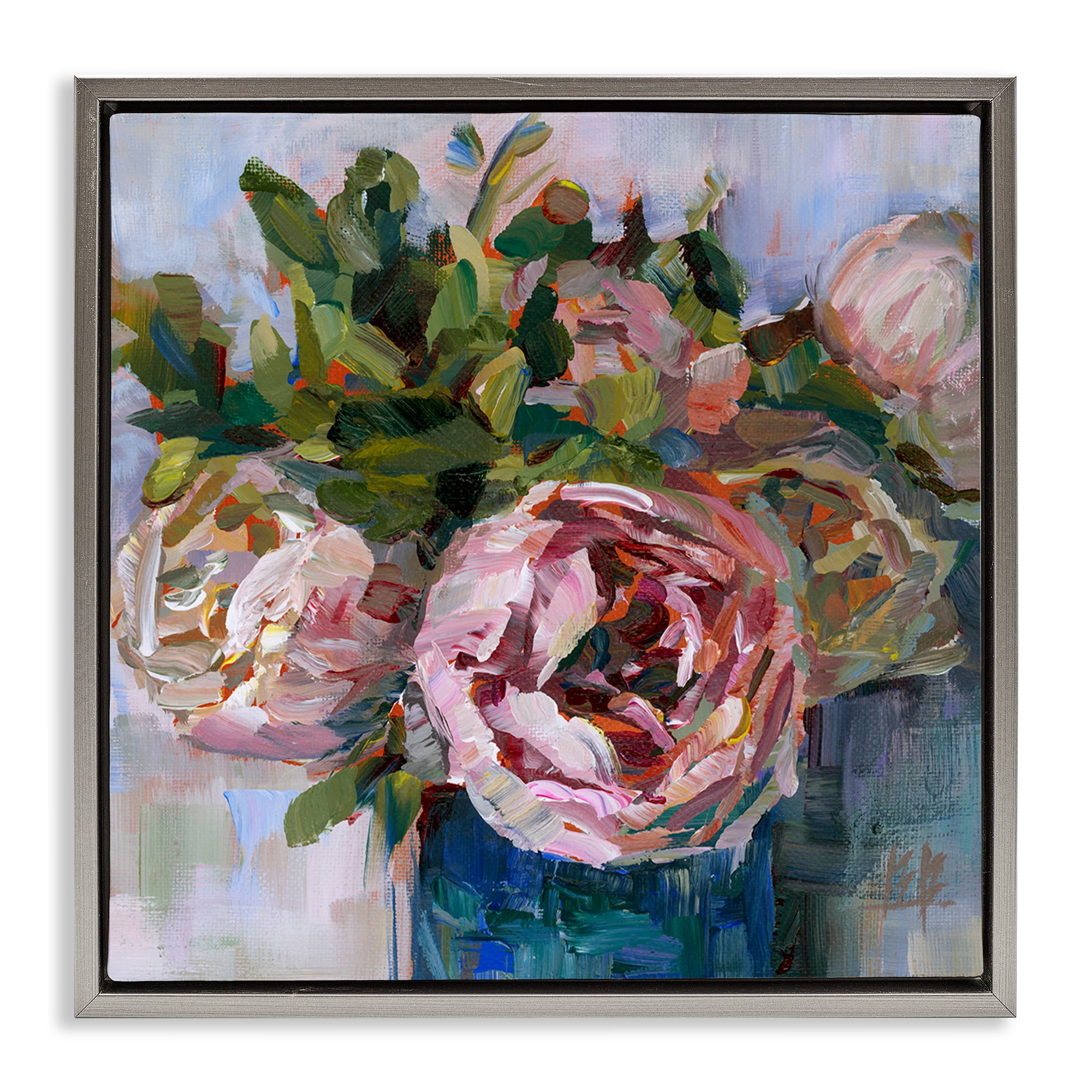 Stupell Industries Full Ranunculus Bouquet Botanical & Floral Painting Gray Floater Framed Art Print Wall Art, 18 x 18