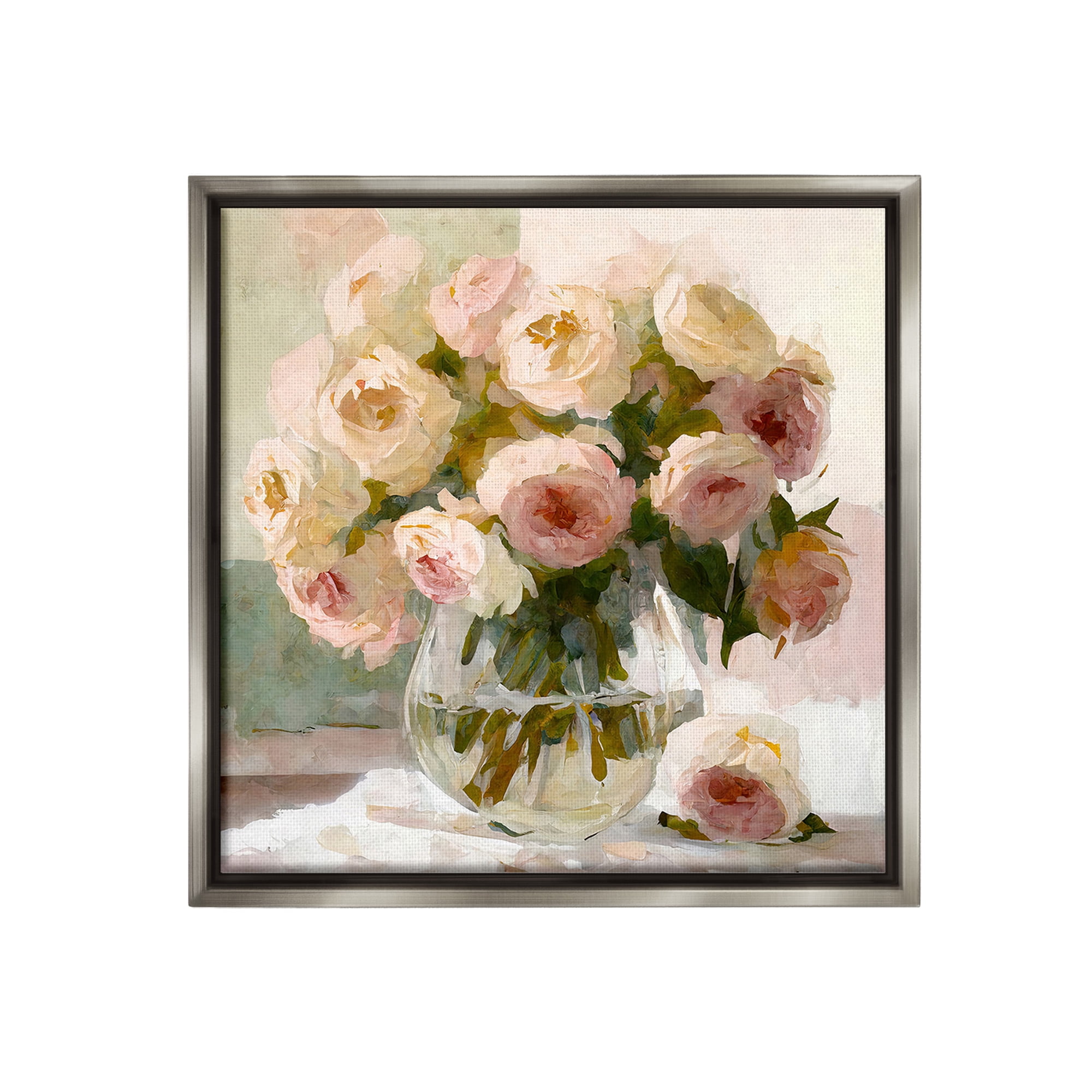 Stupell Industries Full Rose Blossoms Botanical & Floral Painting Gray Floater Framed Canvas Art Print Wall Art, 25 x 25