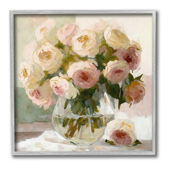 Stupell Industries Full Rose Blossoms Botanical & Floral Painting Gray Framed Art Print Wall Art, 12 x 12