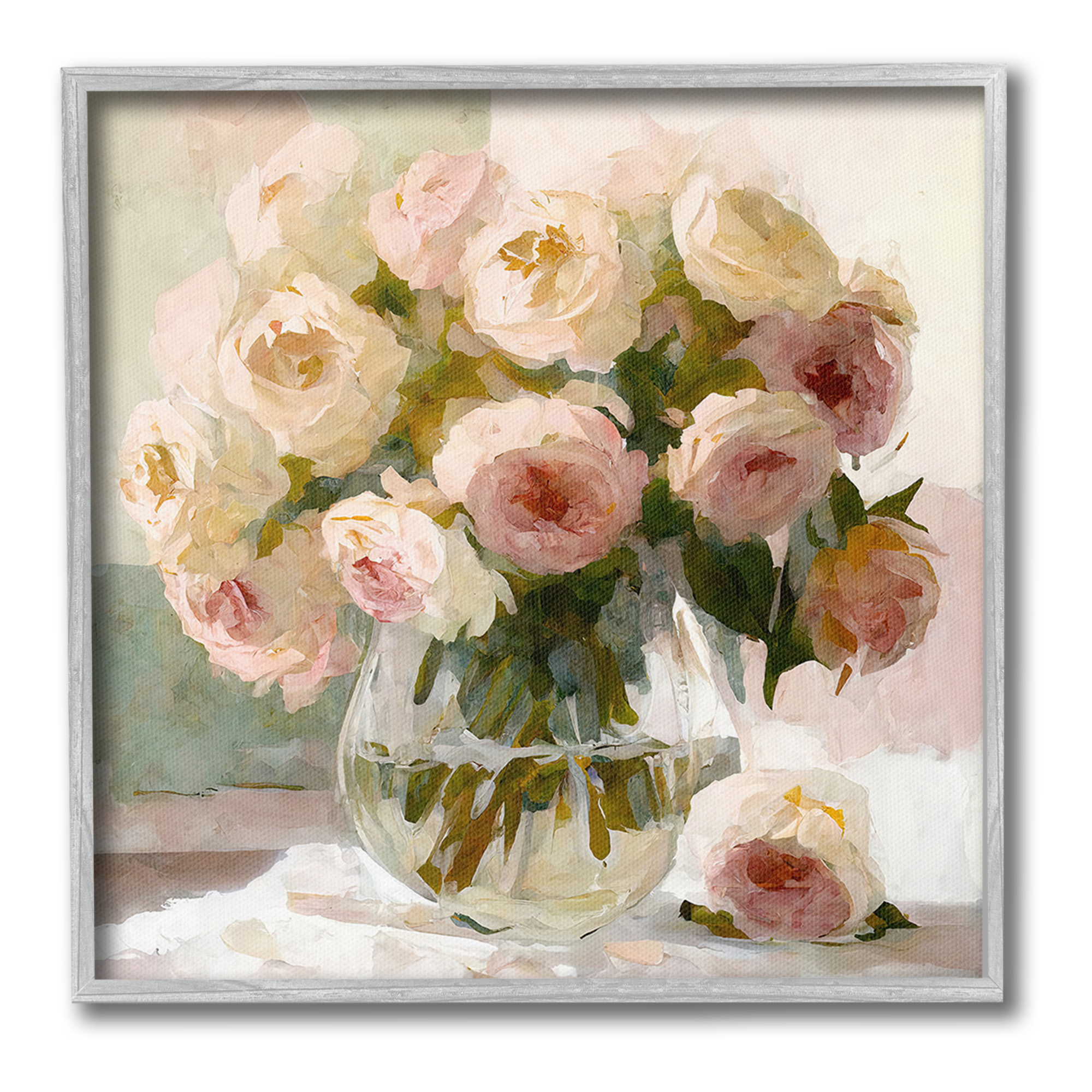 Stupell Industries Full Rose Blossoms Botanical & Floral Painting Gray Framed Art Print Wall Art, 24 x 24