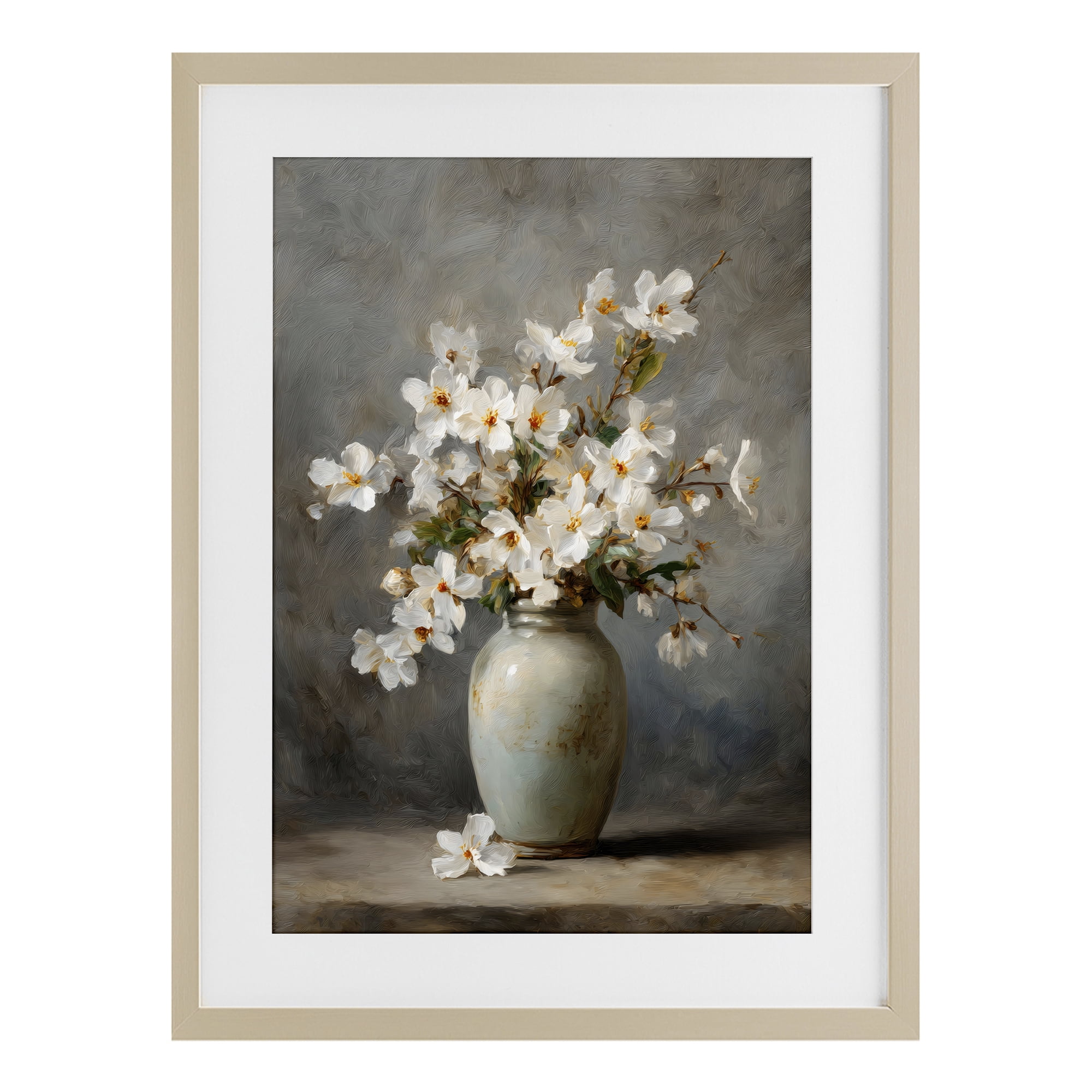 Stupell Industries Full White Flowers in Vase Birch Framed Print Under Glass, design by Petal Prints Design