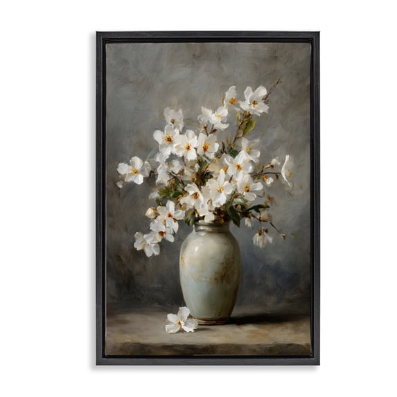 Stupell Industries French Country Full White Flowers in Vase Black Floating Frame Canvas Art, 21 x 31, by Petals Prints Design