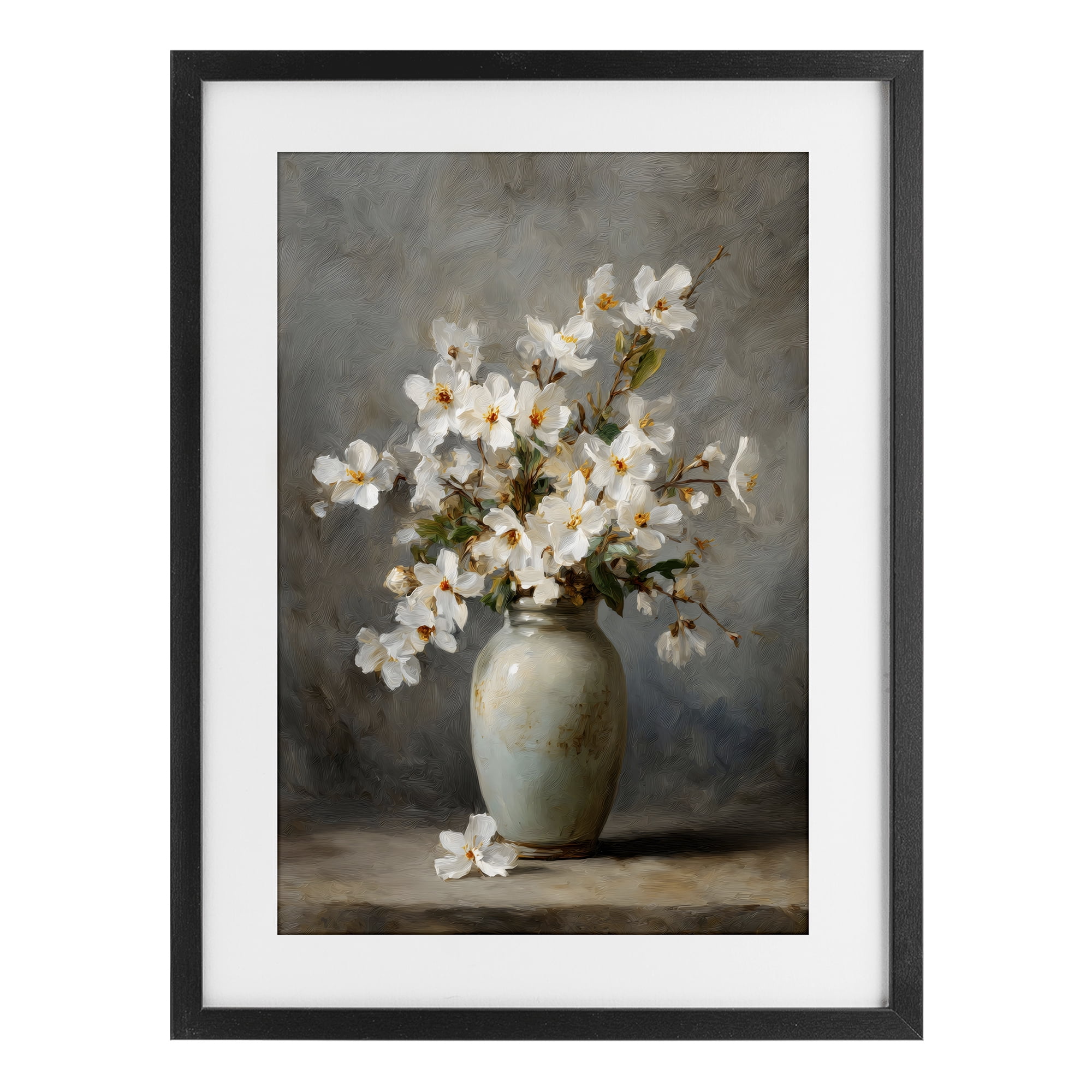 Stupell Industries Full White Flowers in Vase Black Framed Print Under Glass, design by Petal Prints Design