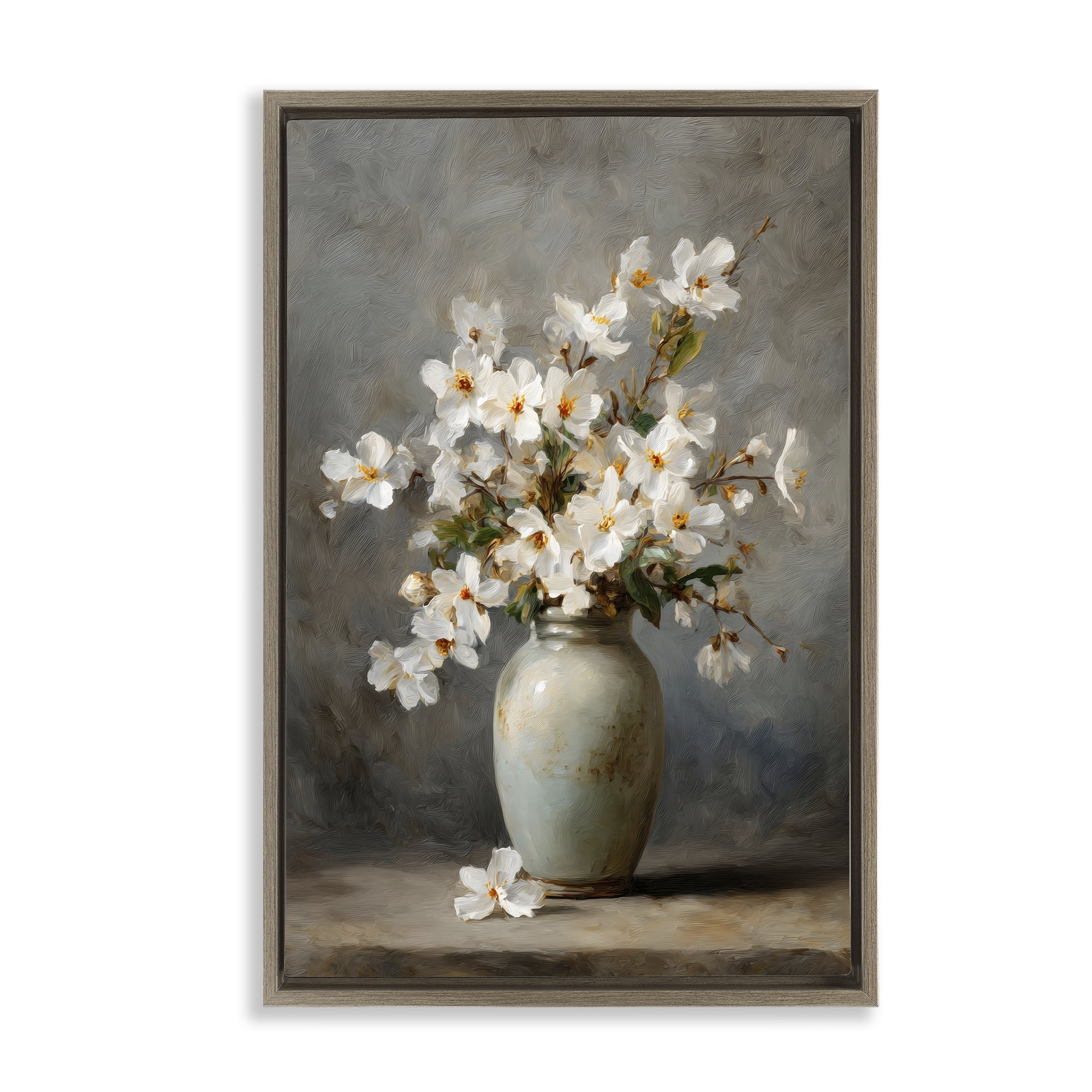 Stupell Industries Full White Flowers in Vase Brown Framed Floater Canvas Wall Art, design by Petal Prints Design