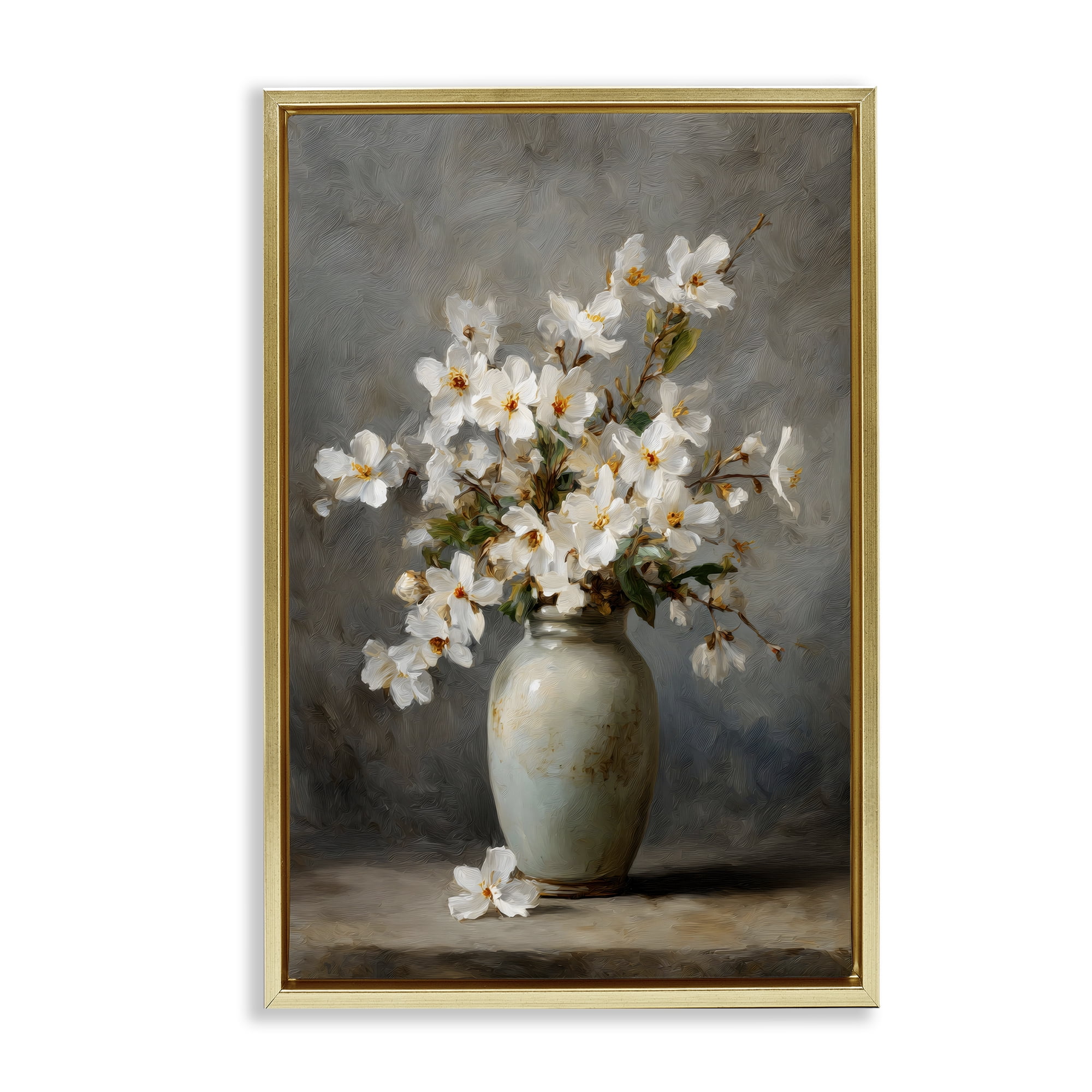 Stupell Industries Full White Flowers in Vase Gold Framed Floater Canvas Wall Art, design by Petal Prints Design