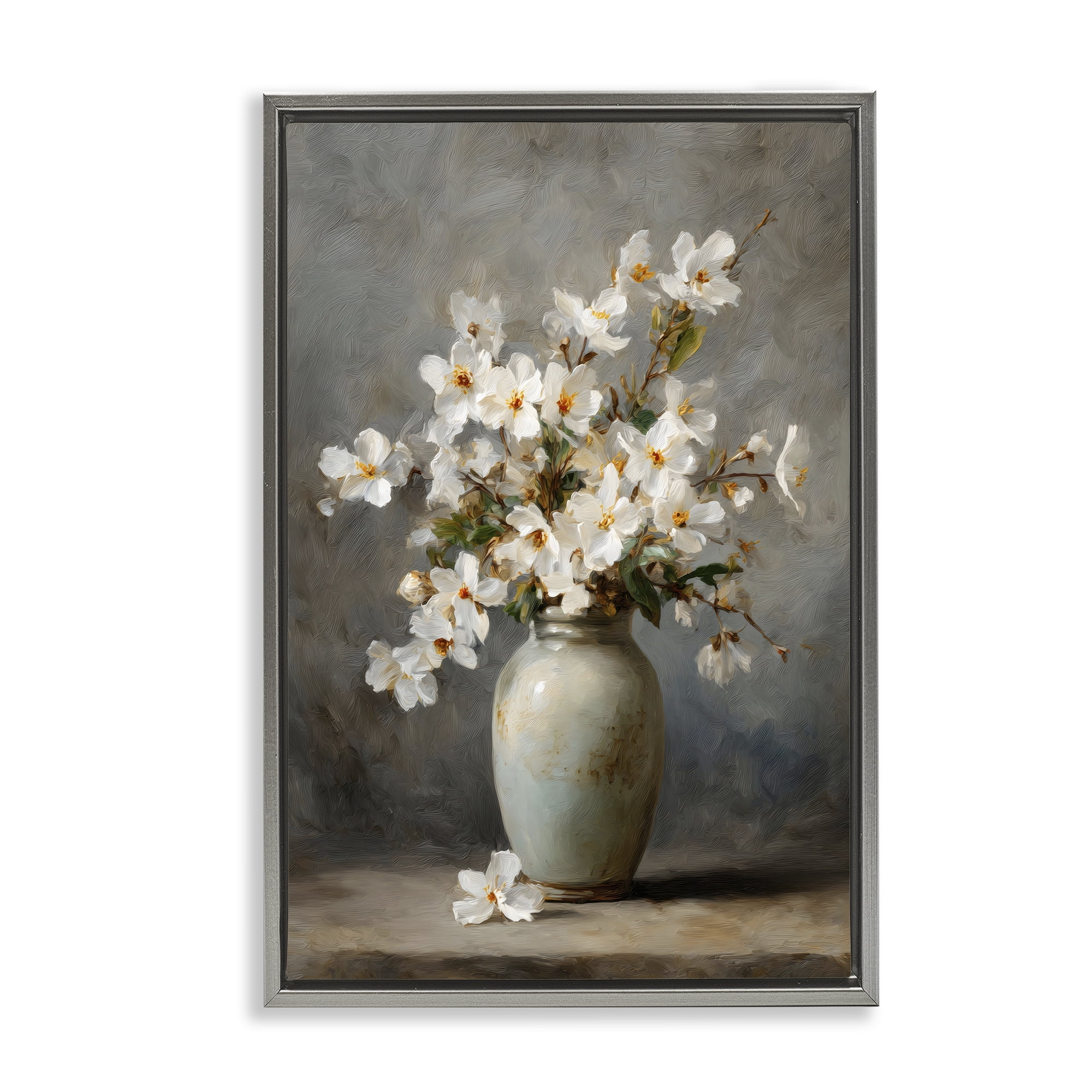 Stupell Industries Full White Flowers in Vase Gray Framed Floater Canvas Wall Art, design by Petal Prints Design