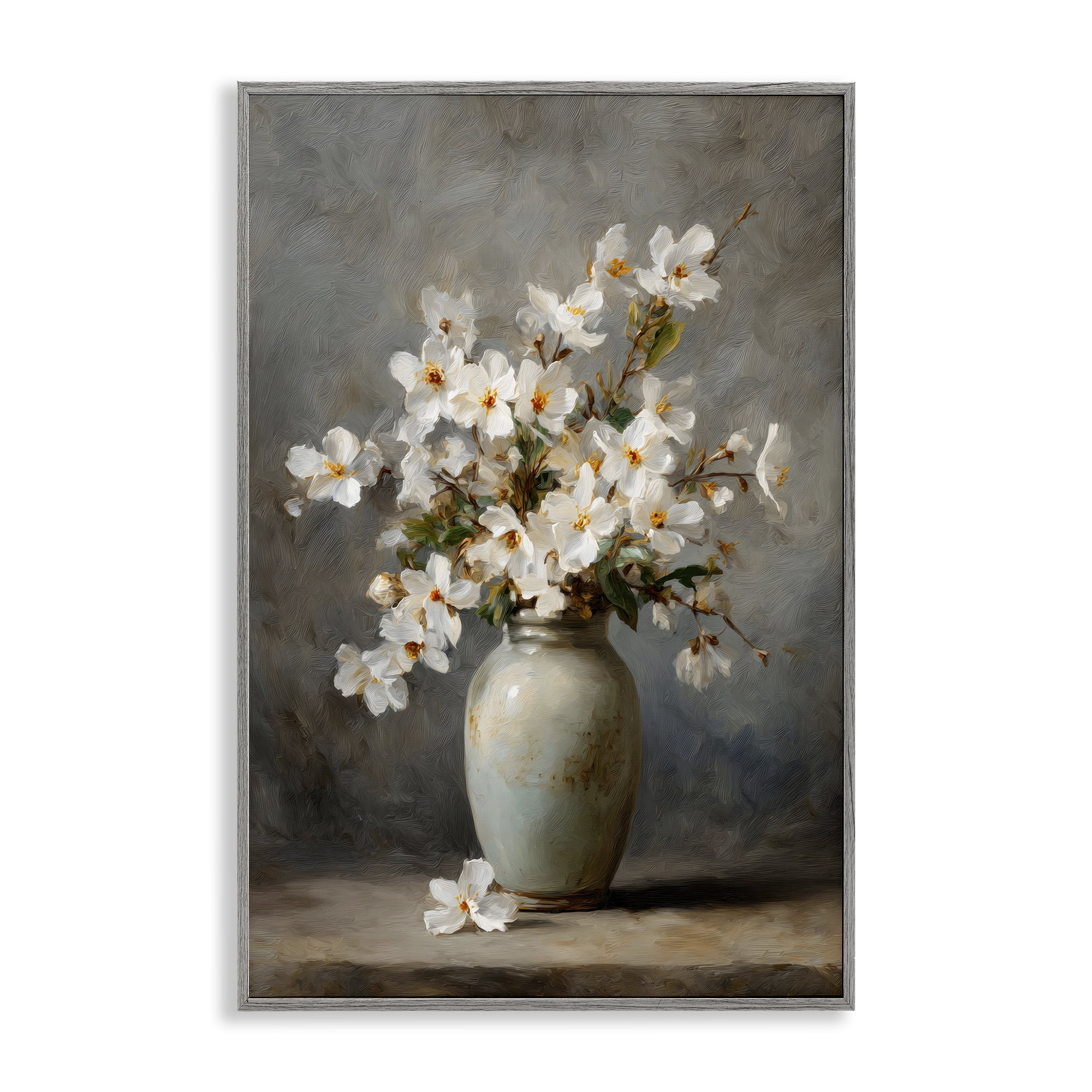 Stupell Industries Full White Flowers in Vase Gray Framed Giclee Art, design by Petal Prints Design