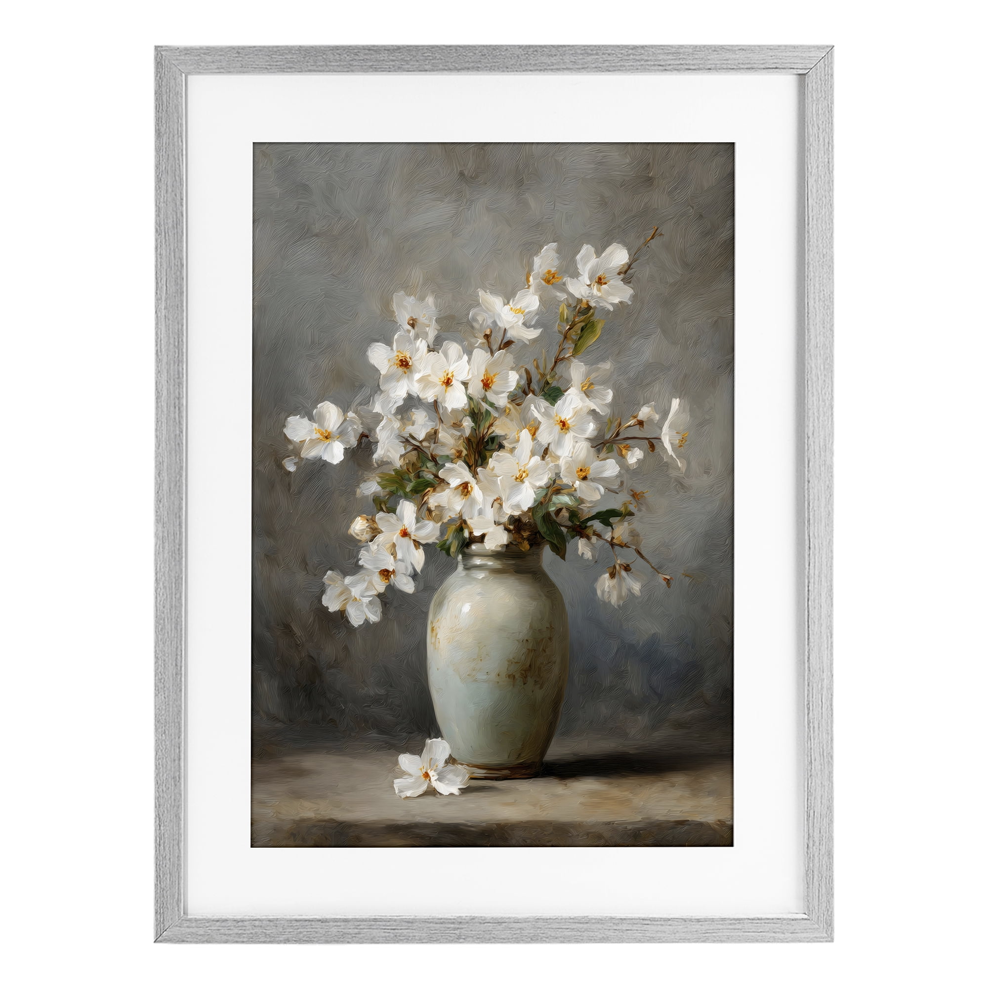 Stupell Industries Full White Flowers in Vase Gray Framed Print Under Glass, design by Petal Prints Design
