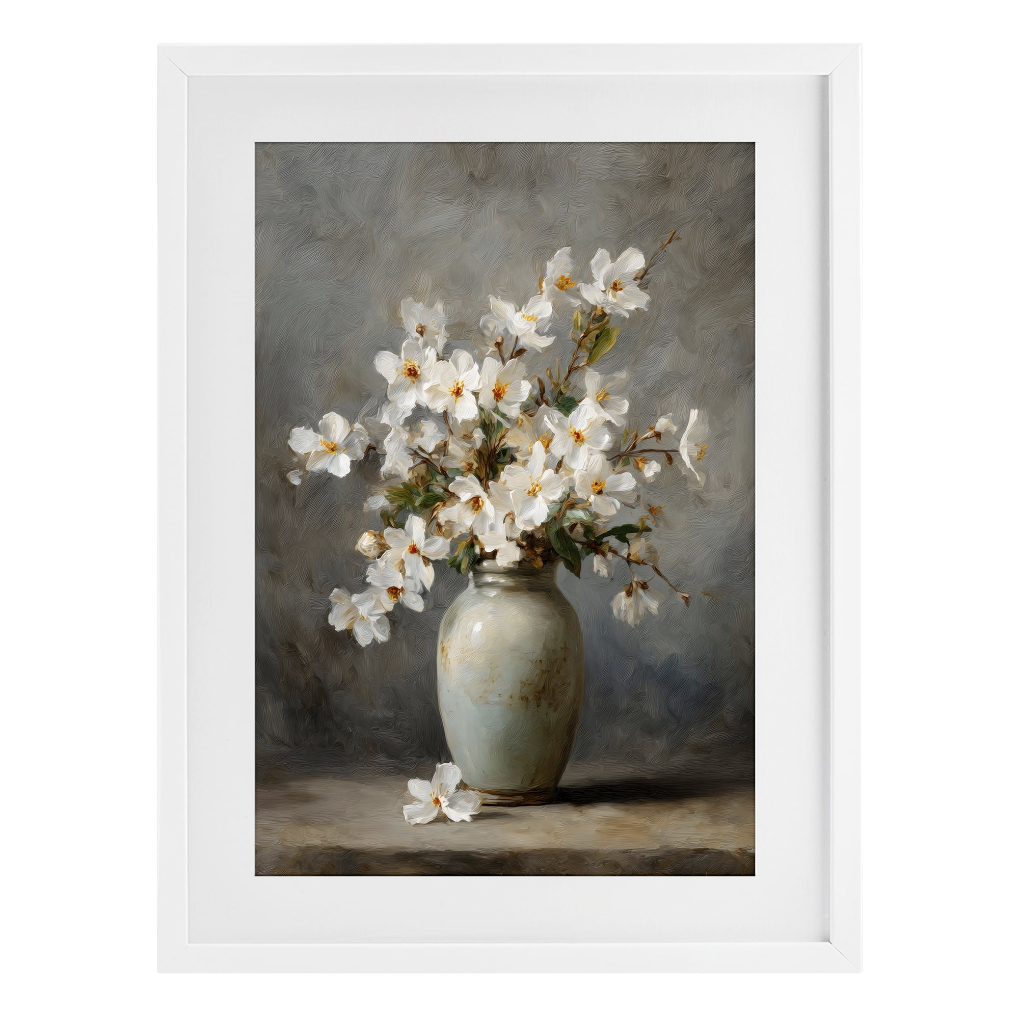 Stupell Industries Full White Flowers in Vase White Framed Print Under Glass, design by Petal Prints Design