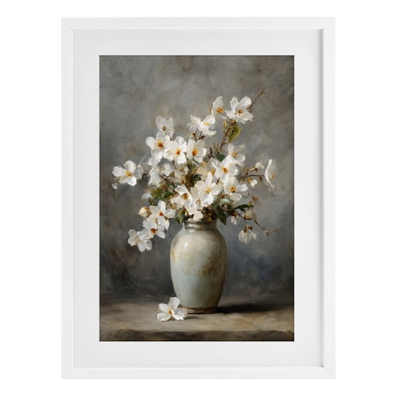 Stupell Industries French Country Full White Flowers in Vase White Framed Print Under Glass, 14 x 20, by Petals Prints Design