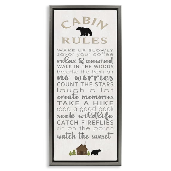 Stupell Industries Fun Adventure Cabin Rules Signs and Rules Painting Gray Floater Framed Canvas Art Print Wall Art, 15 x 31