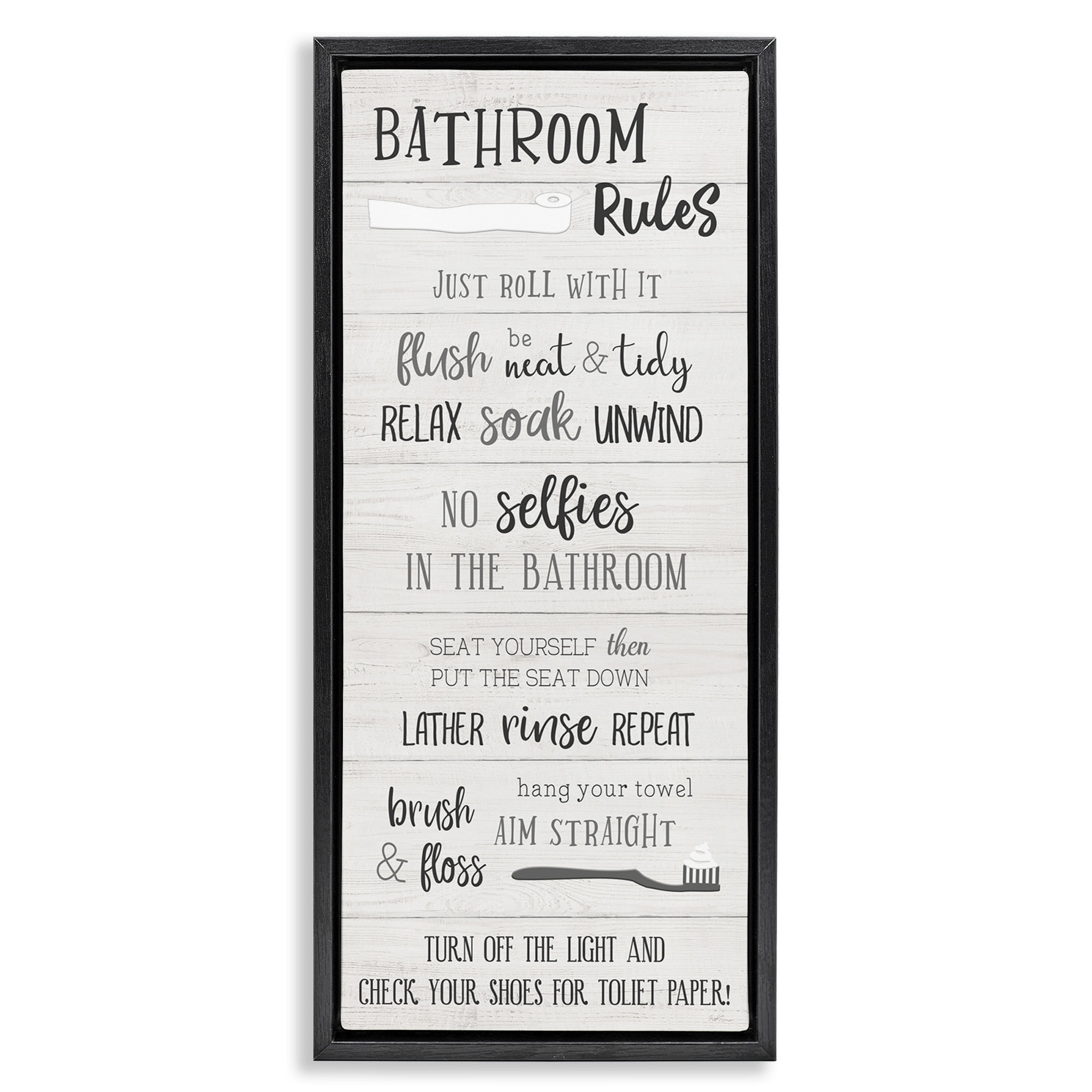 Stupell Industries Fun Bathroom Rules Sign Abstract Painting Black Floater Framed Canvas Art Print Wall Art, 15 x 31