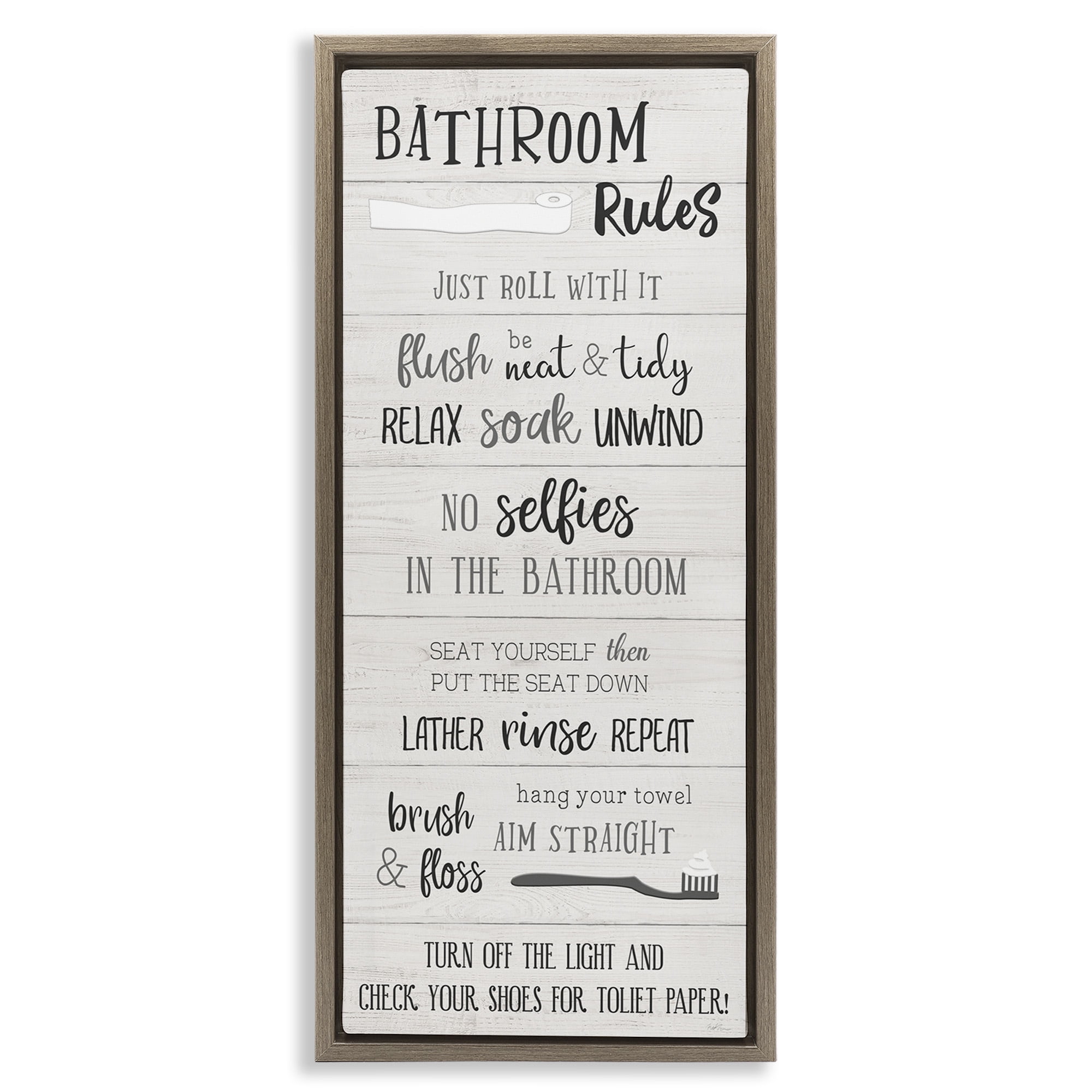 Stupell Industries Fun Bathroom Rules Sign Abstract Painting Brown Floater Framed Canvas Art Print Wall Art, 11 x 25