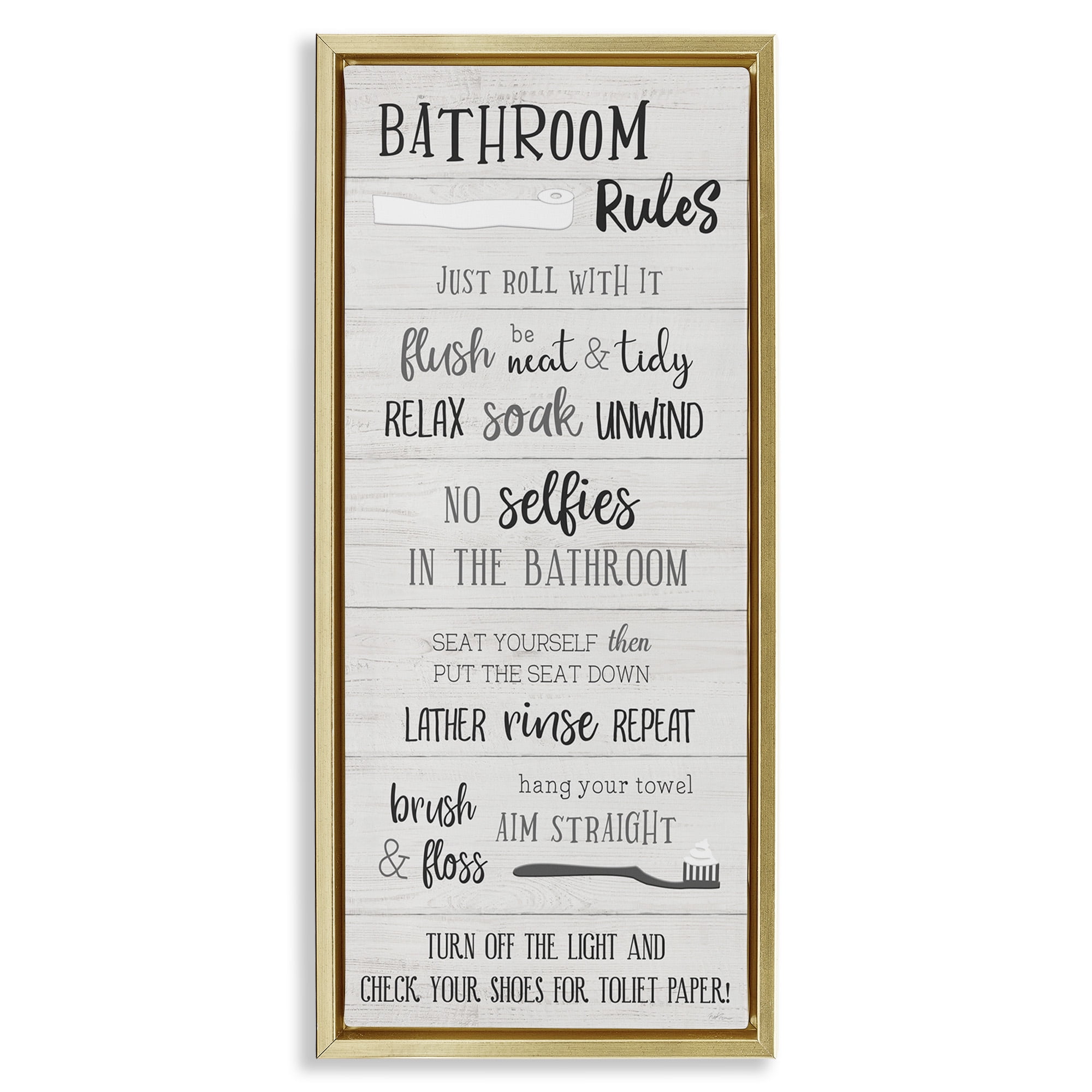 Stupell Industries Fun Bathroom Rules Sign Abstract Painting Gold Floater Framed Canvas Art Print Wall Art, 11 x 25
