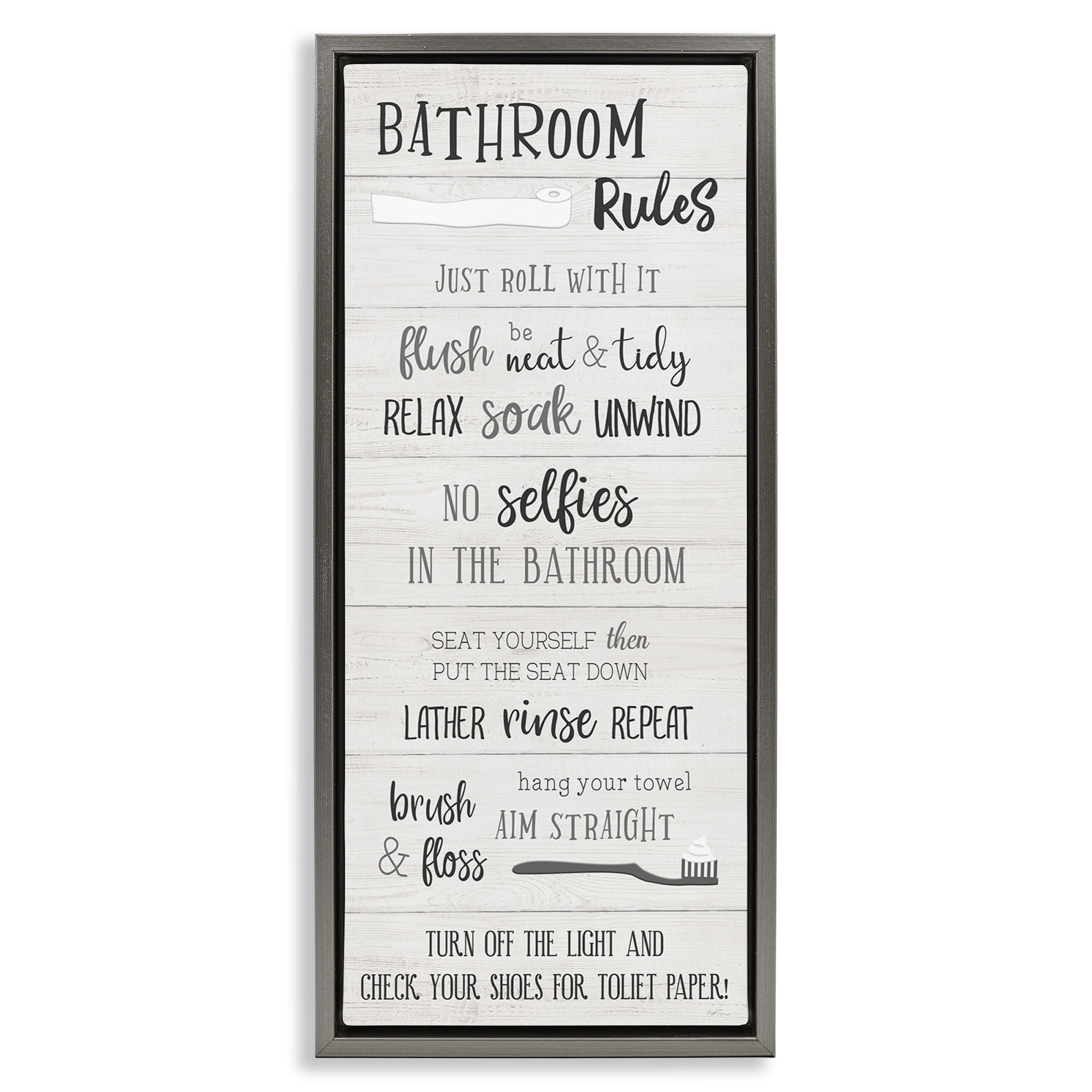 Stupell Industries Fun Bathroom Rules Sign Abstract Painting Gray Floater Framed Canvas Art Print Wall Art, 11 x 25