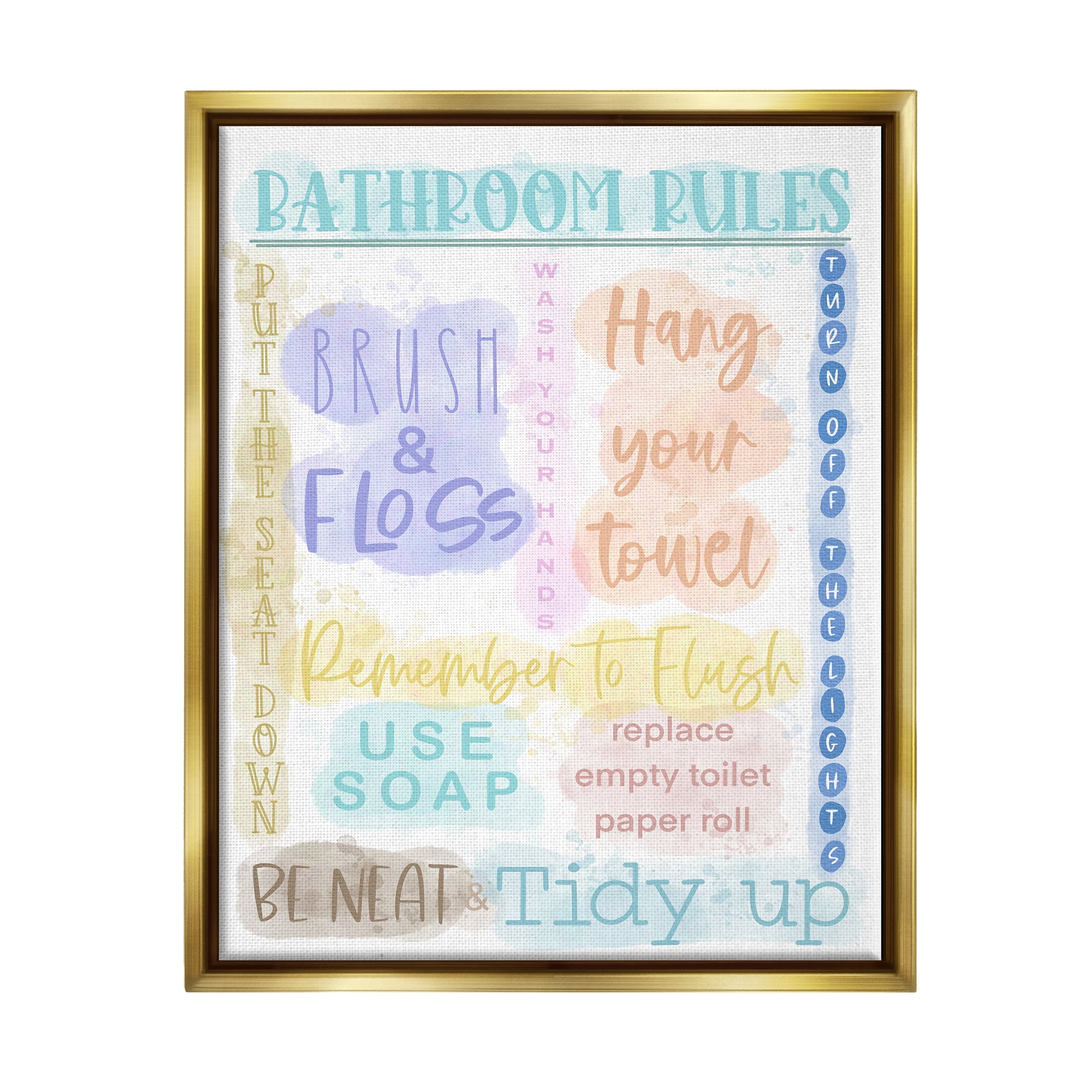 Stupell Industries Fun Bathroom Rules Typography Painting Gold Floater Framed Canvas Art Print Wall Art, 25 x 31