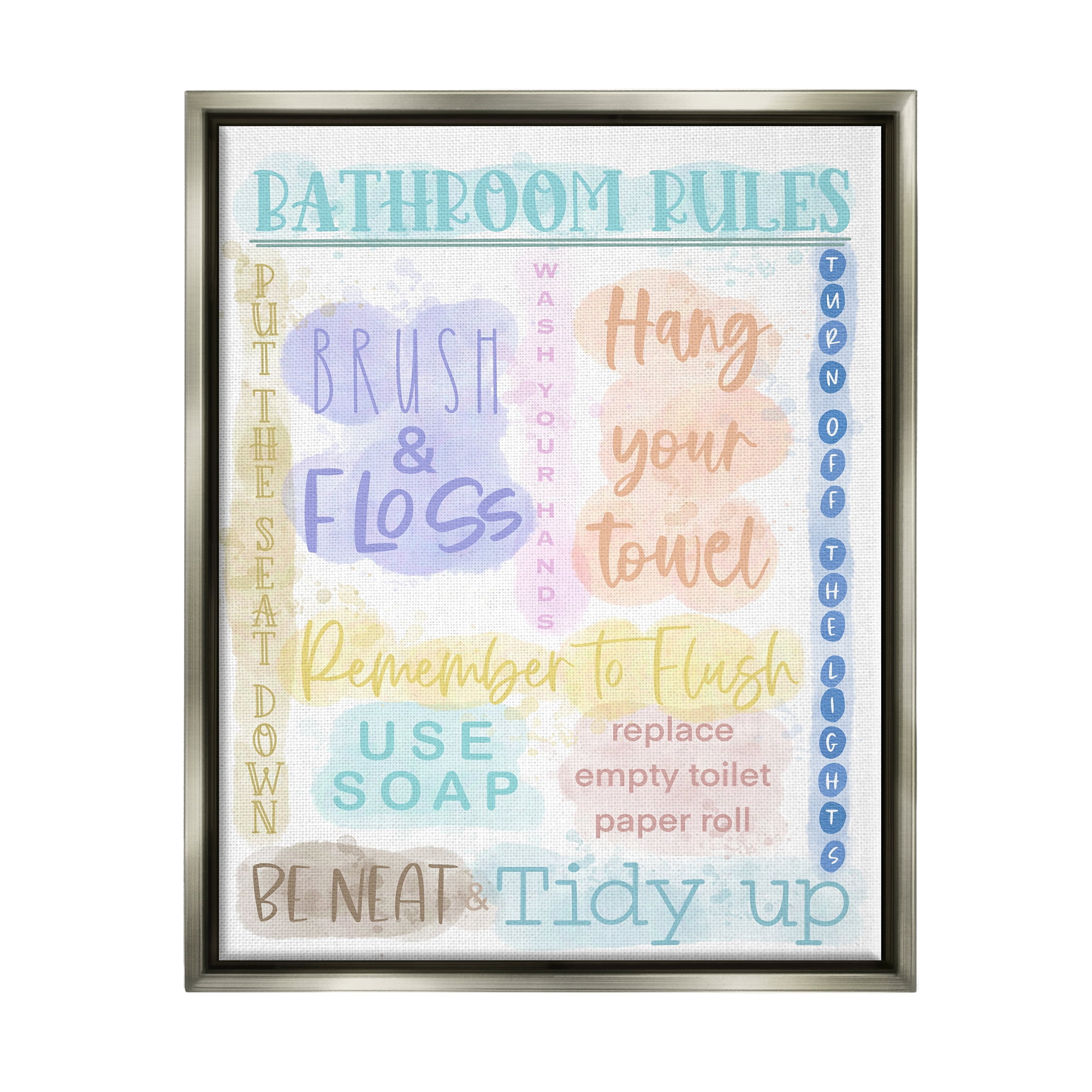 Stupell Industries Fun Bathroom Rules Typography Painting Gray Floater Framed Canvas Art Print Wall Art, 25 x 31