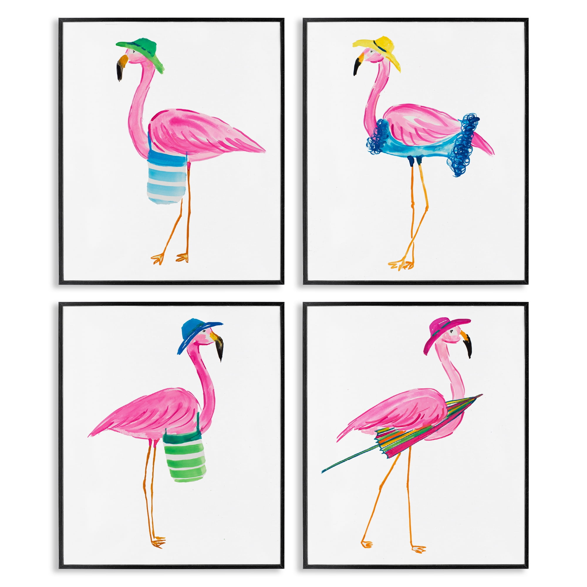Stupell Industries Fun Beach Flamingos Nautical & Beach Painting Black Framed Art Print Wall Art, 16 x 20, Set of 4