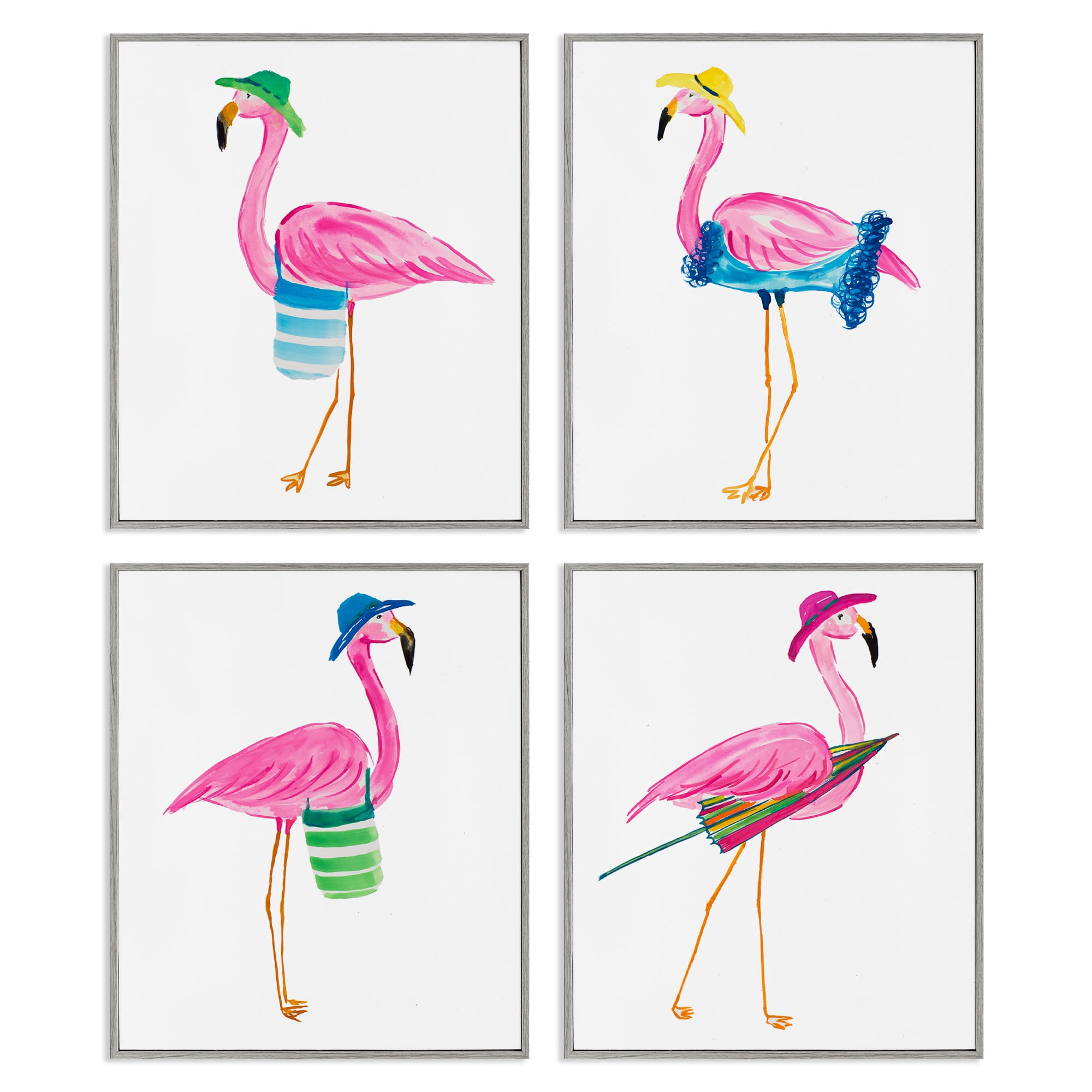 Stupell Industries Fun Beach Flamingos Nautical & Beach Painting Gray Framed Art Print Wall Art, 11 x 14, Set of 4
