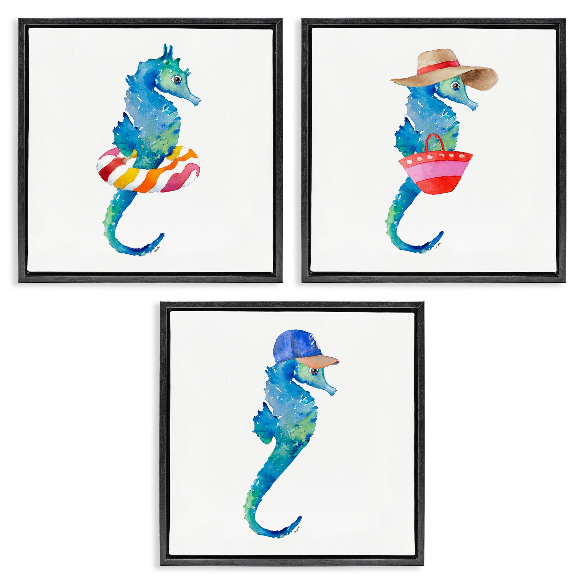 Stupell Industries Fun Beach Ready Seahorses Nautical & Beach Painting Black Floater Framed Canvas Art Print Wall Art, 18 x 18, Set of 3
