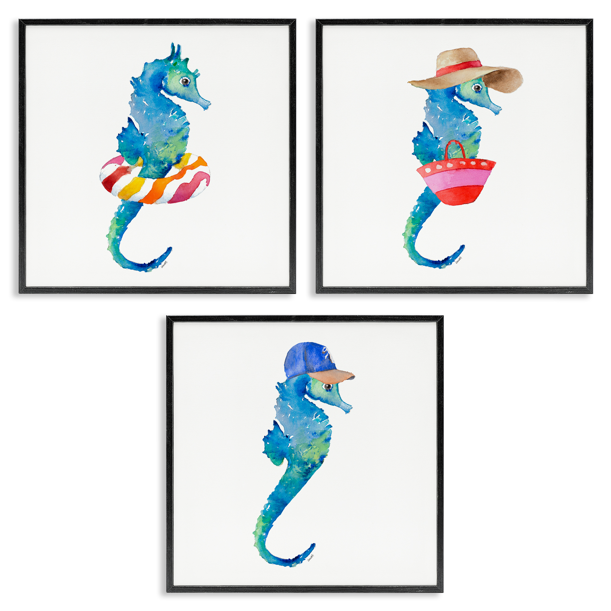 Stupell Industries Fun Beach Ready Seahorses Nautical & Beach Painting Black Framed Art Print Wall Art, 17 x 17, Set of 3