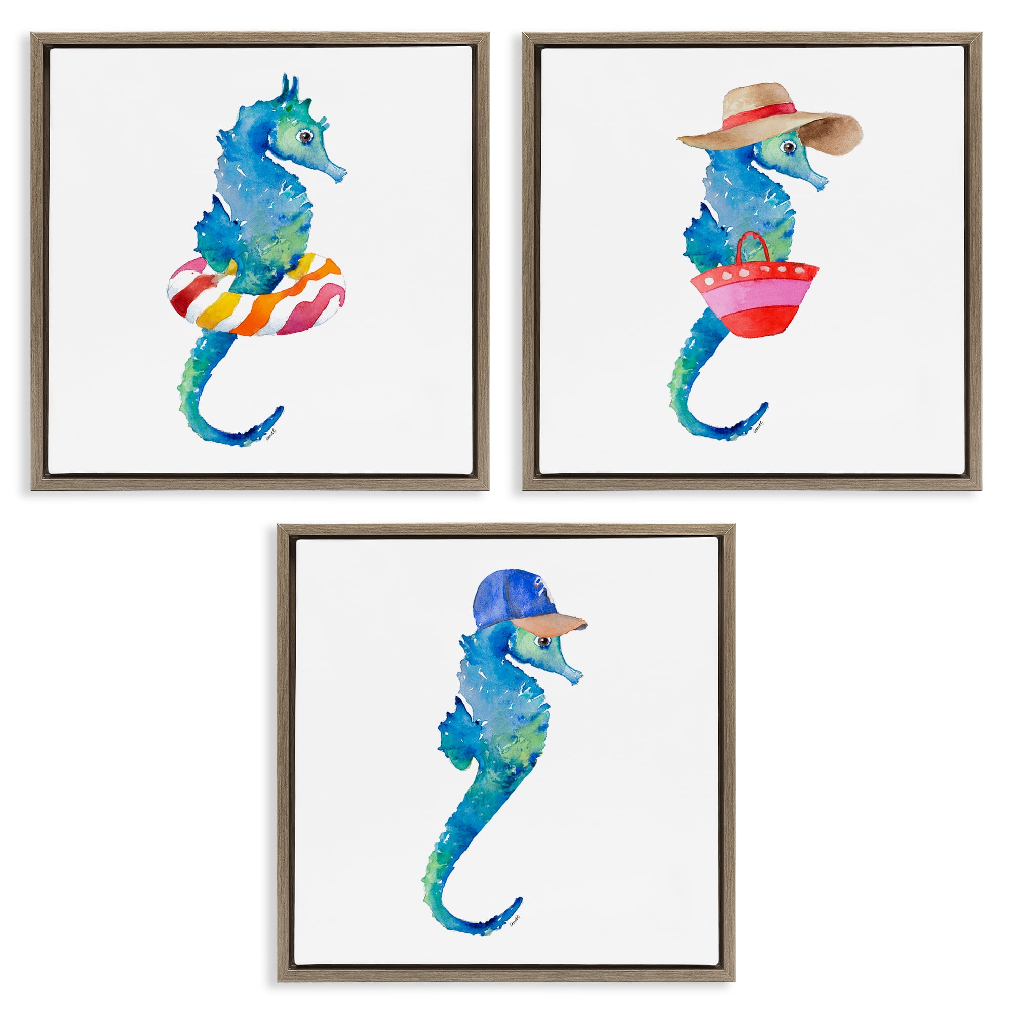 Stupell Industries Fun Beach Ready Seahorses Nautical & Beach Painting Brown Floater Framed Canvas Art Print Wall Art, 25 x 25, Set of 3