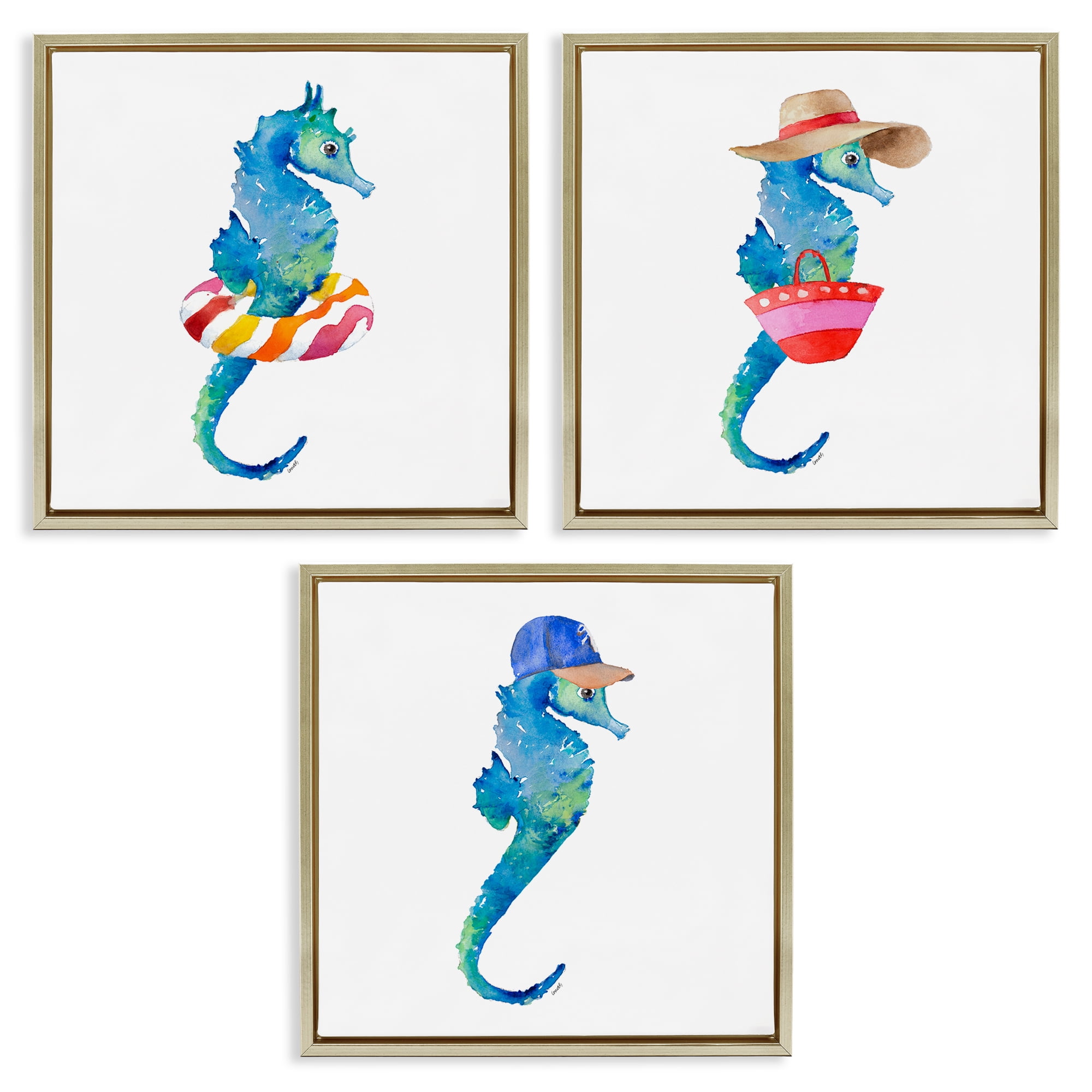 Stupell Industries Fun Beach Ready Seahorses Nautical & Beach Painting Gold Floater Framed Canvas Art Print Wall Art, 18 x 18, Set of 3