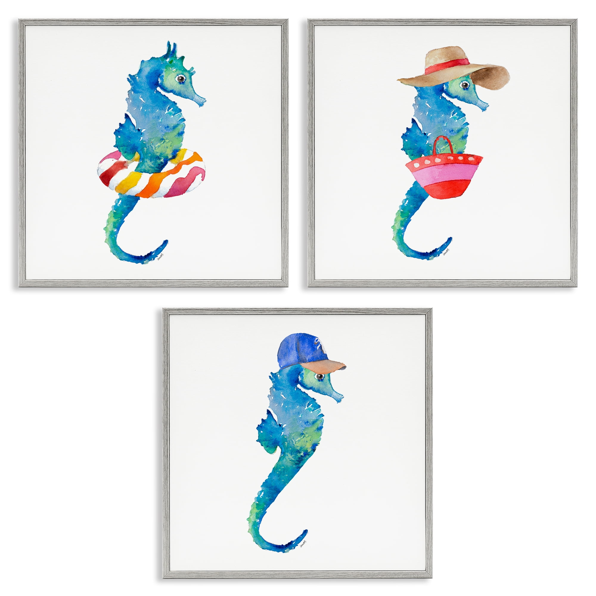 Stupell Industries Fun Beach Ready Seahorses Nautical & Beach Painting Gray Framed Art Print Wall Art, 17 x 17, Set of 3