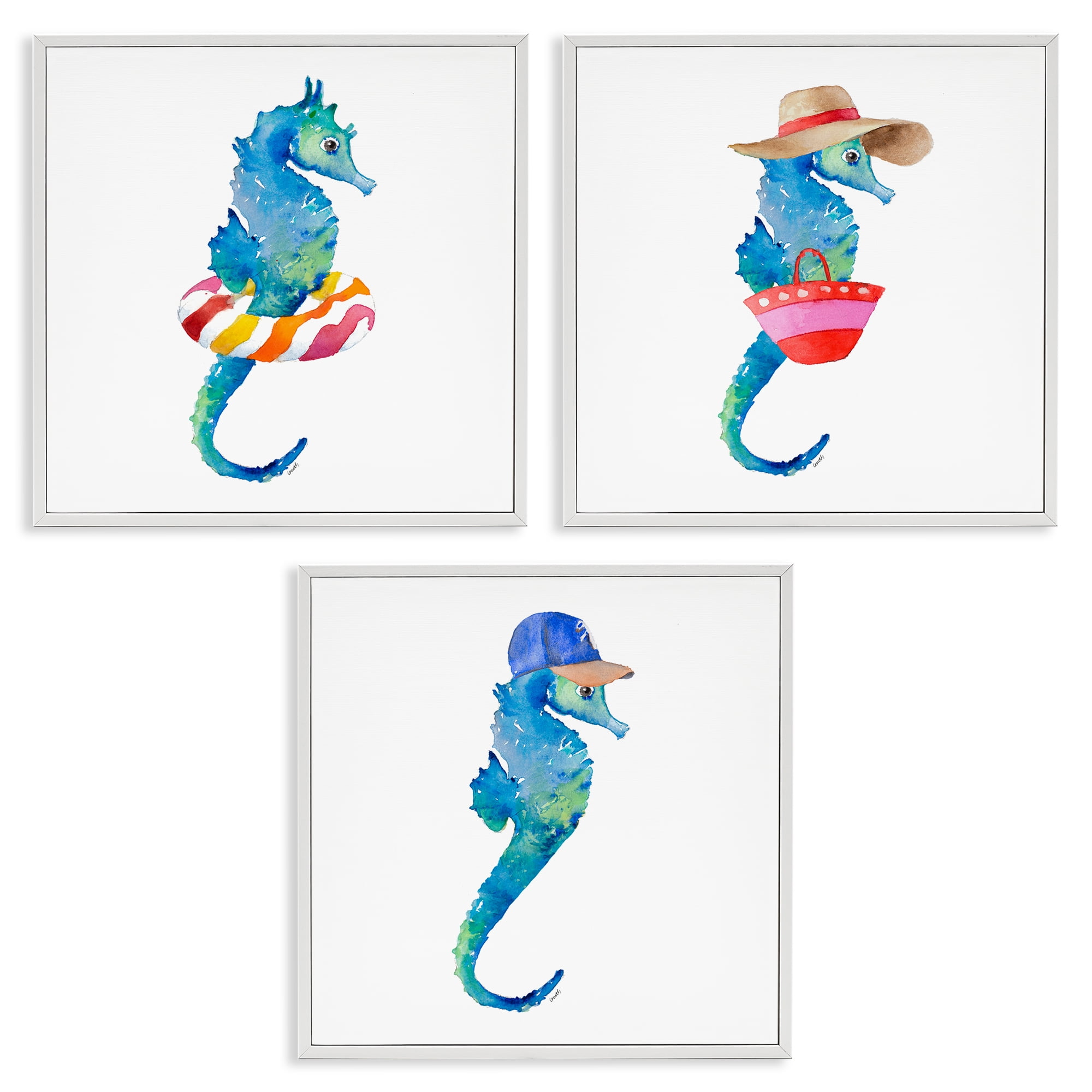 Stupell Industries Fun Beach Ready Seahorses Nautical & Beach Painting White Framed Art Print Wall Art, 17 x 17, Set of 3