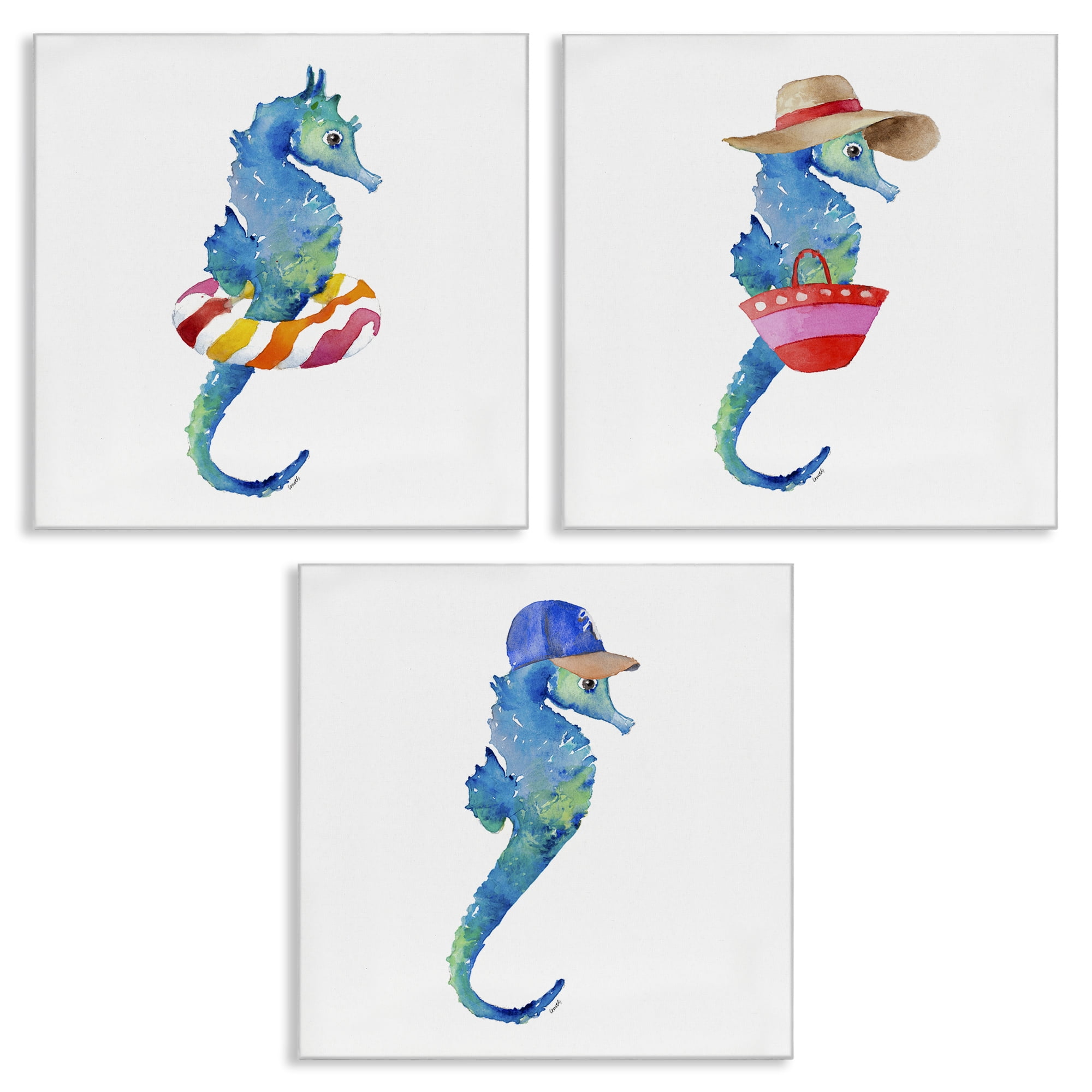 Stupell Industries Fun Beach Ready Seahorses Nautical & Beach Painting Wrapped Canvas Art Print Wall Art, 17 x 17, Set of 3