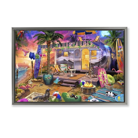 Stupell Industries Fun Beach Vacation Camper Gray Framed Floater Canvas Wall Art, design by Jeff Haynie