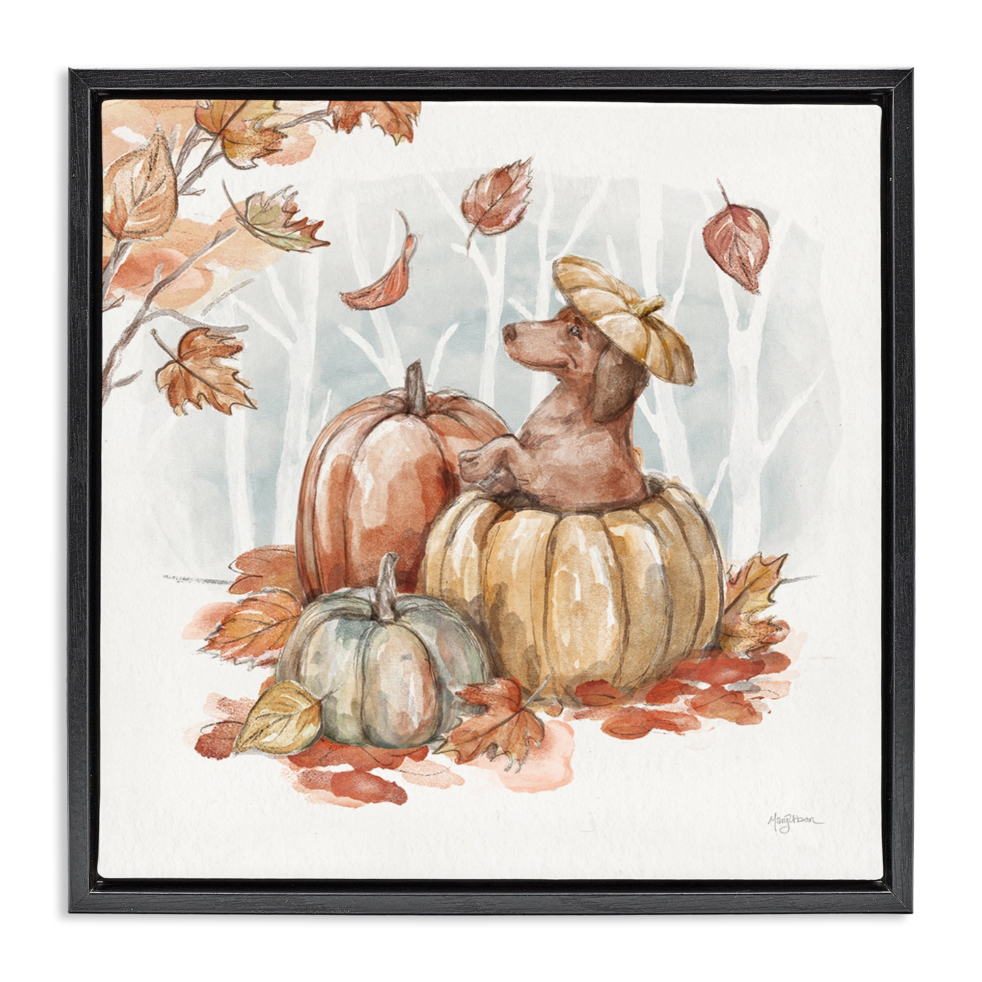 Stupell Industries Fun Dachshund & Pumpkin Holiday Painting Black Floater Framed Canvas Art Prints Wall Art, 25 x 25