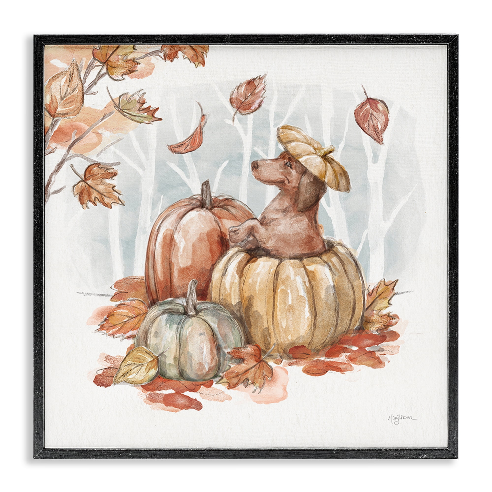 Stupell Industries Fun Dachshund & Pumpkin Holiday Painting Black Framed Art Prints Wall Art, 17 x 17