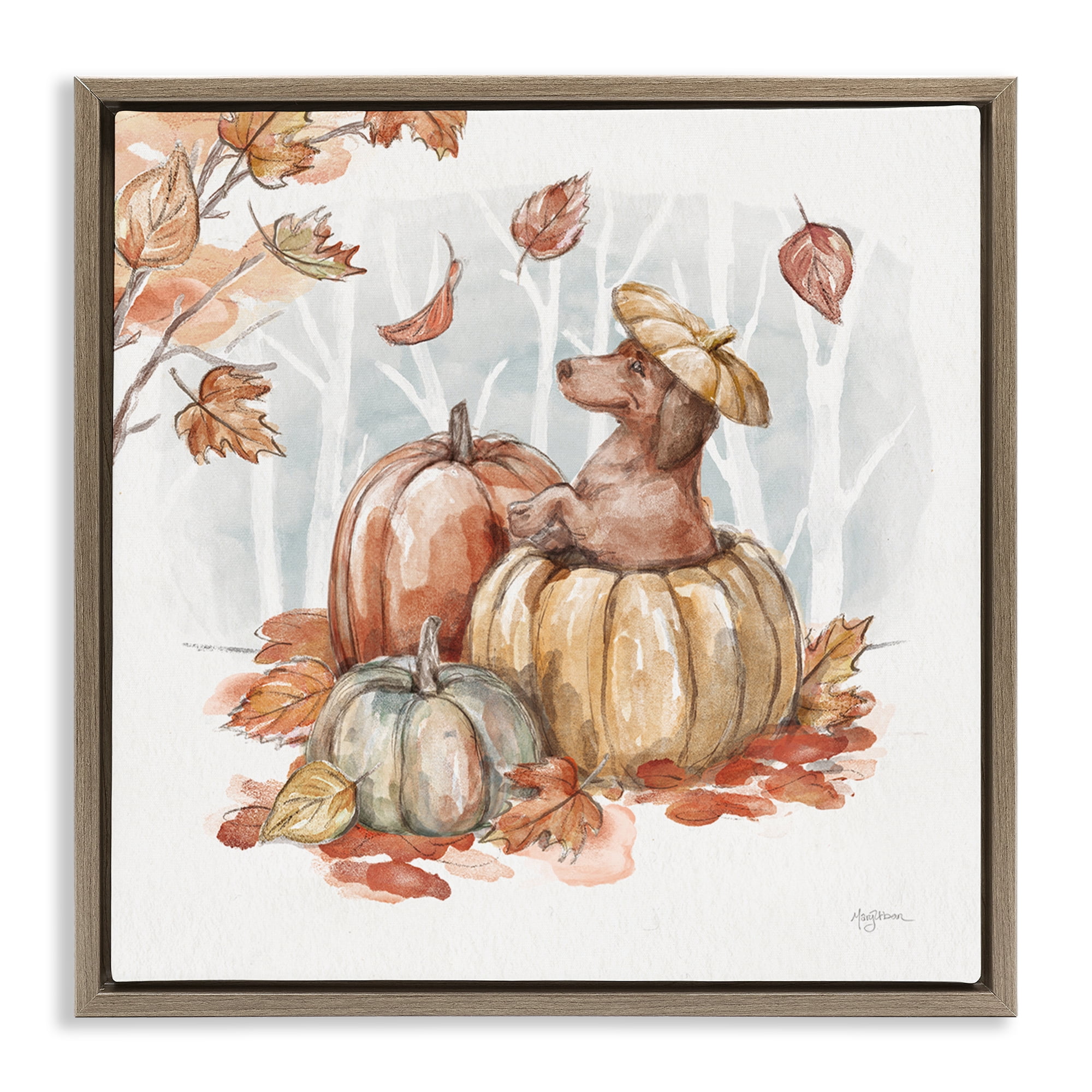 Stupell Industries Fun Dachshund & Pumpkin Holiday Painting Brown Floater Framed Canvas Art Prints Wall Art, 25 x 25