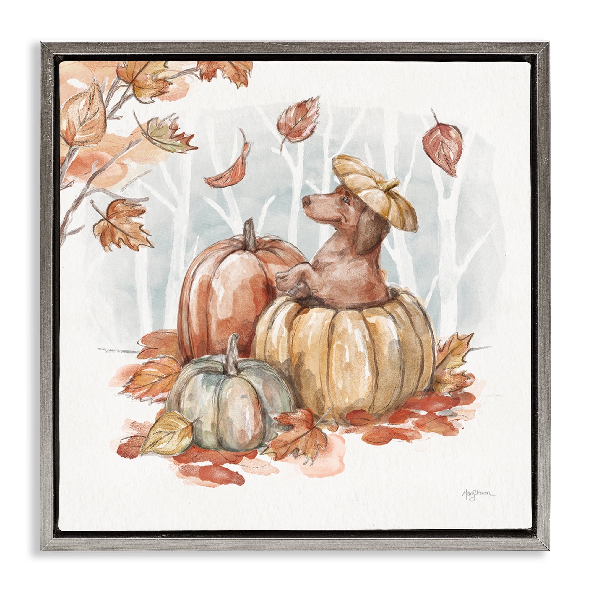 Stupell Industries Fun Dachshund & Pumpkin Holiday Painting Gray Floater Framed Canvas Art Prints Wall Art, 25 x 25
