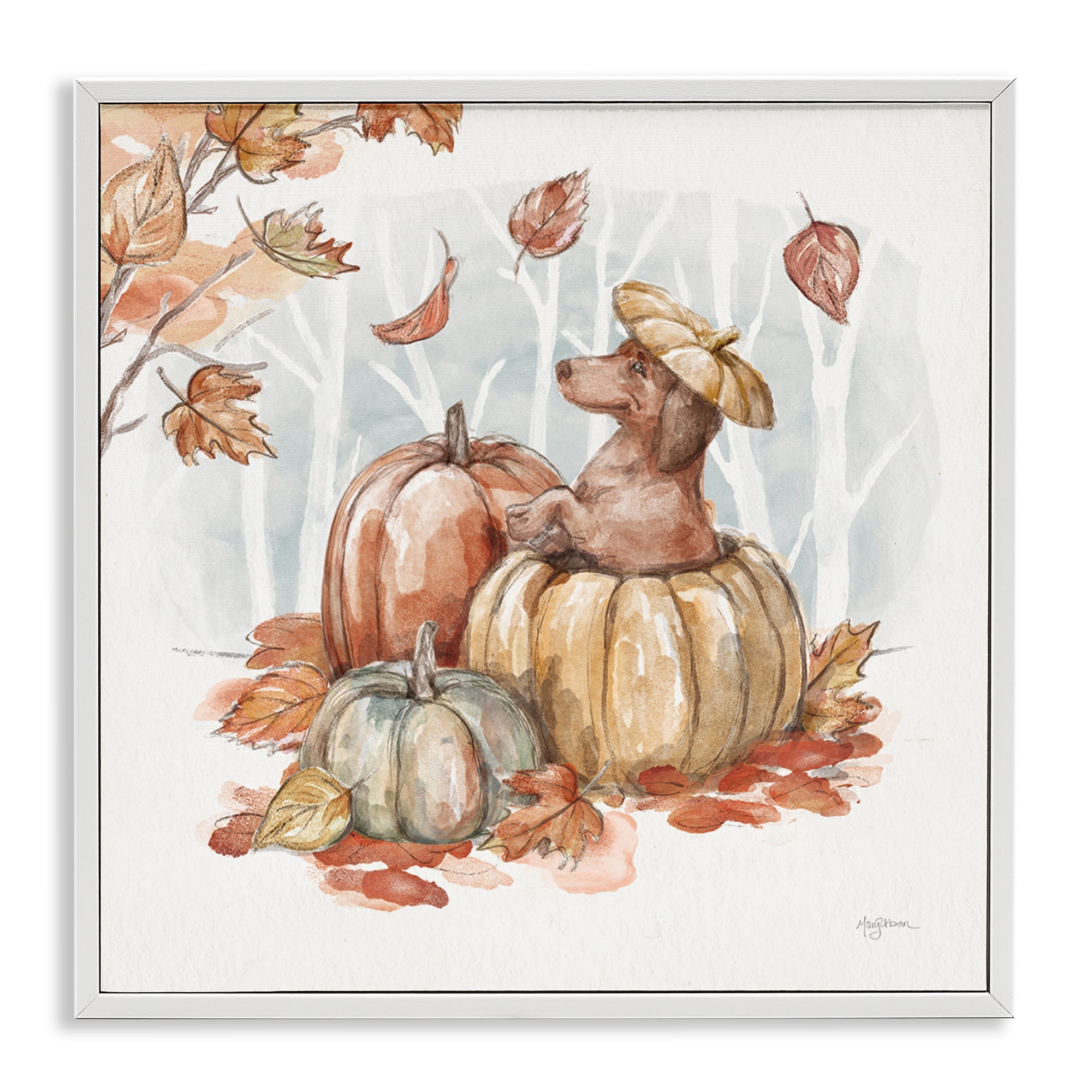 Stupell Industries Fun Dachshund & Pumpkin Holiday Painting White Framed Art Prints Wall Art, 17 x 17