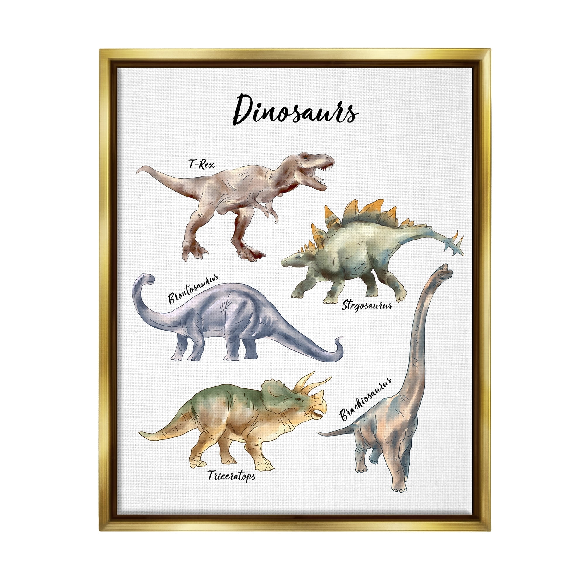 Stupell Industries Fun Dinosaur Chart Playful Watercolor Illustration Metallic Gold Framed Floating Canvas Wall Art, 24x30, by Ziwei Li