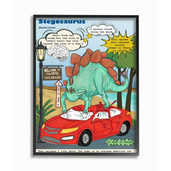 Stupell Industries Fun Dinosaur Facts Stegosaurus Dino Scene Animals & Insects Painting Black Framed Art Print Wall Art, 11 x 14