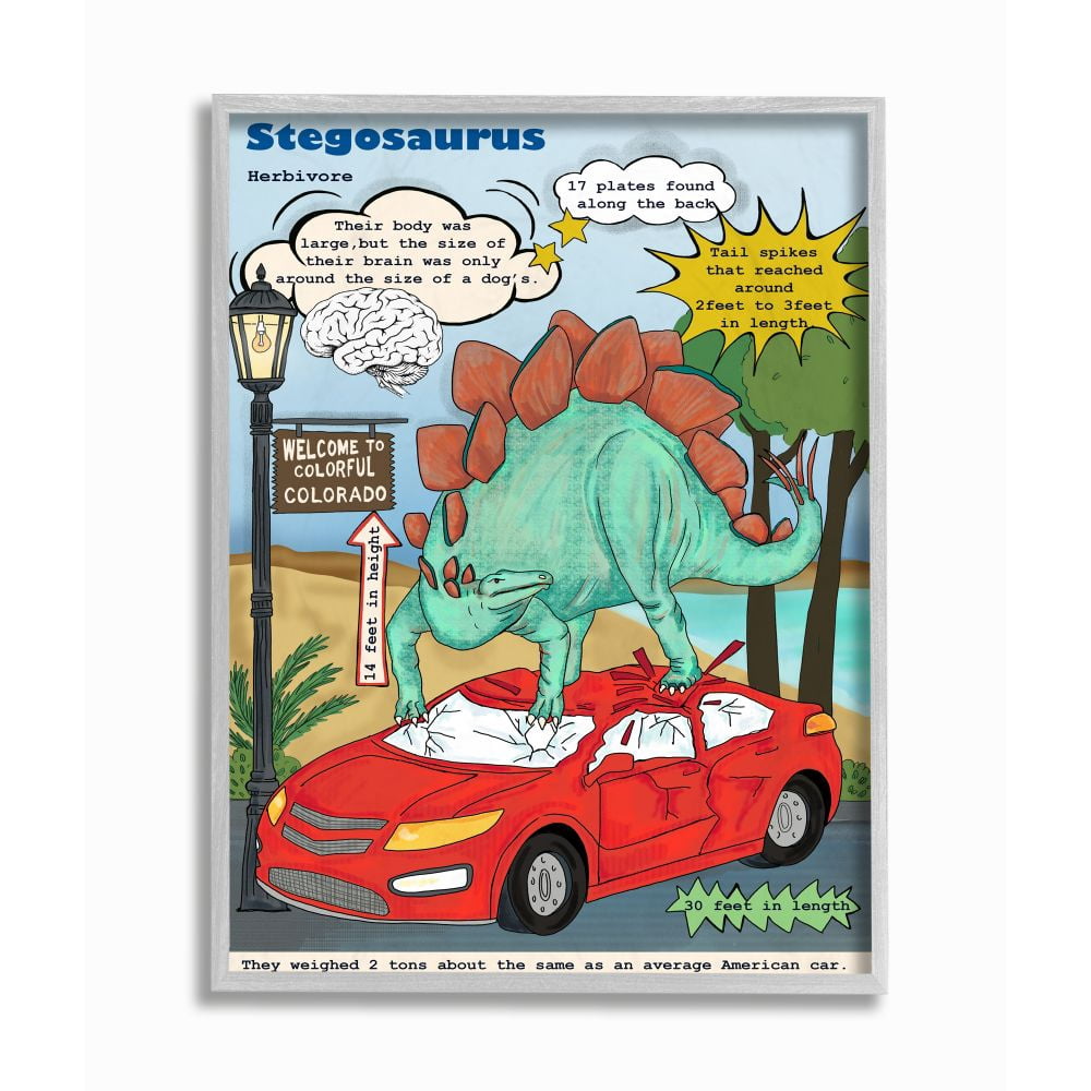 Stupell Industries Fun Dinosaur Facts Stegosaurus Dino Scene Framed Wall Art Design by Sangita Bachelet, 16" x 20", Gray Framed