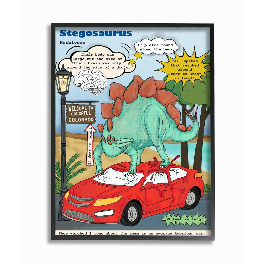Stupell Industries Fun Dinosaur Facts Stegosaurus Dino Scene Framed Wall Art Design by Sangita Bachelet, 24" x 30", Black Framed