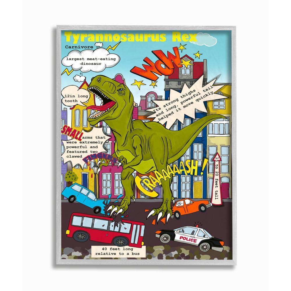 Stupell Industries Fun Dinosaur Facts T-Rex Destroys City Scene Framed Wall Art Design by Sangita Bachelet, 16" x 20", Gray Framed