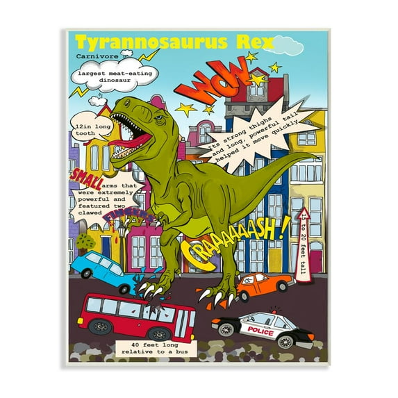 Stupell Industries Fun Dinosaur Facts T-Rex Destroys City Scene Wall Plaque Design by Sangita Bachelet