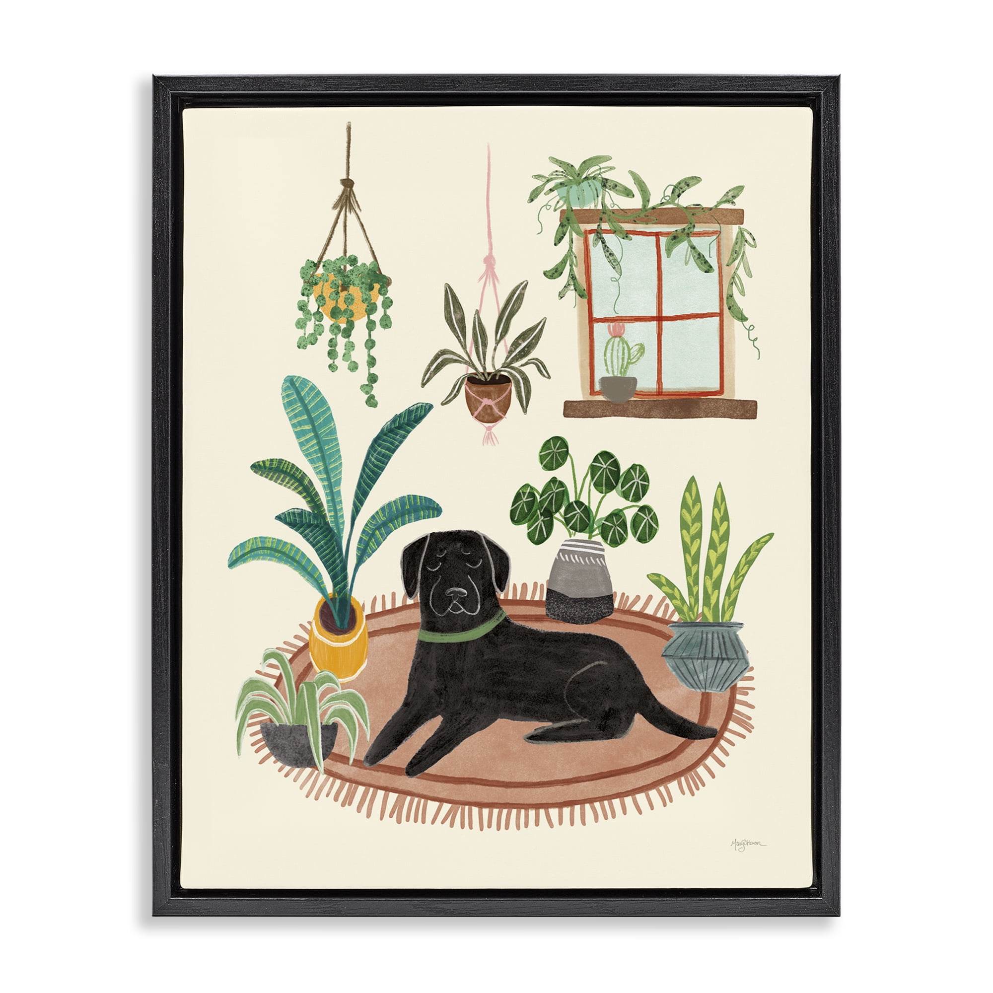 Stupell Industries Fun Dog & House Plants Animals & Insects Painting Black Floater Framed Canvas Art Print Wall Art, 25 x 31