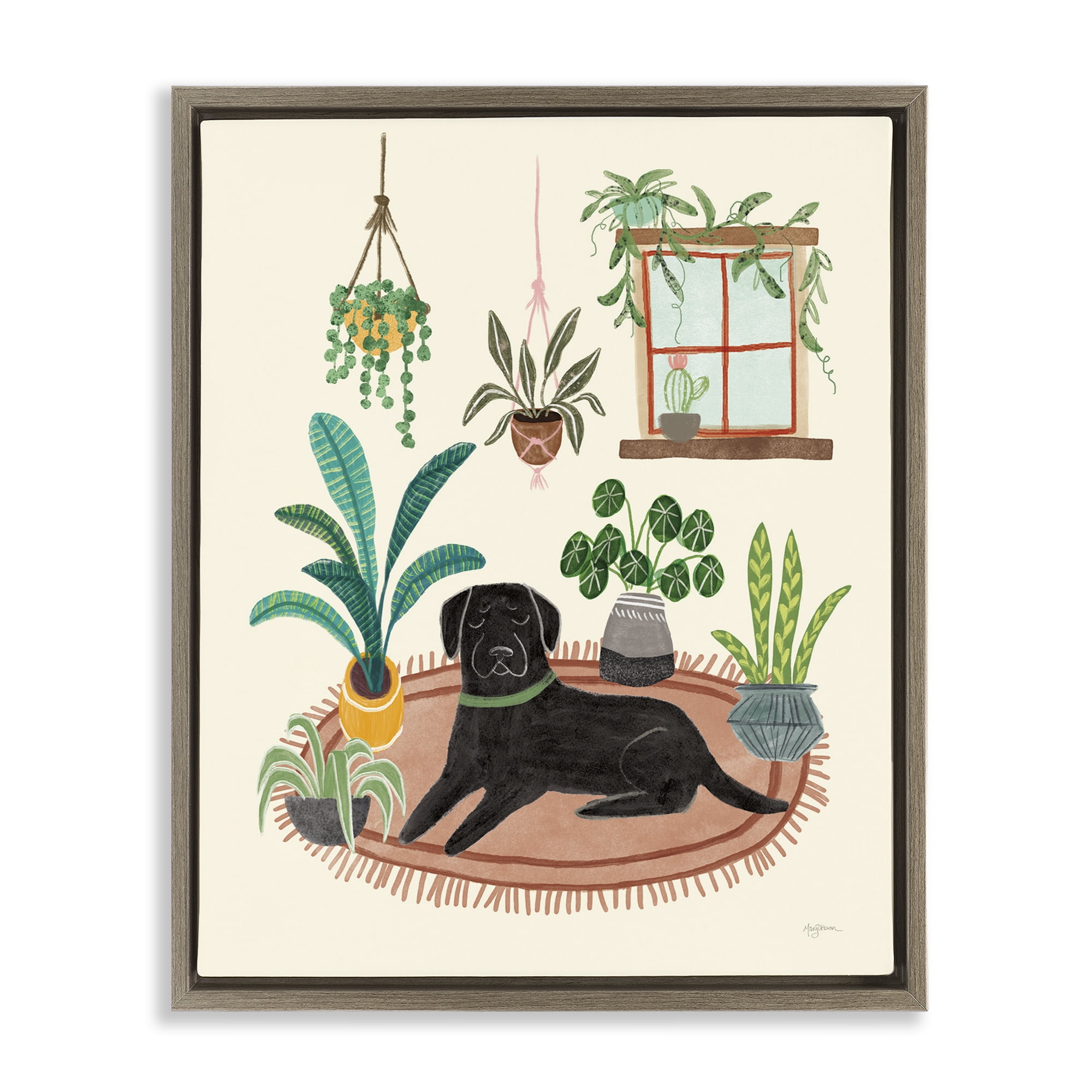 Stupell Industries Fun Dog & House Plants Animals & Insects Painting Brown Floater Framed Canvas Art Print Wall Art, 25 x 31