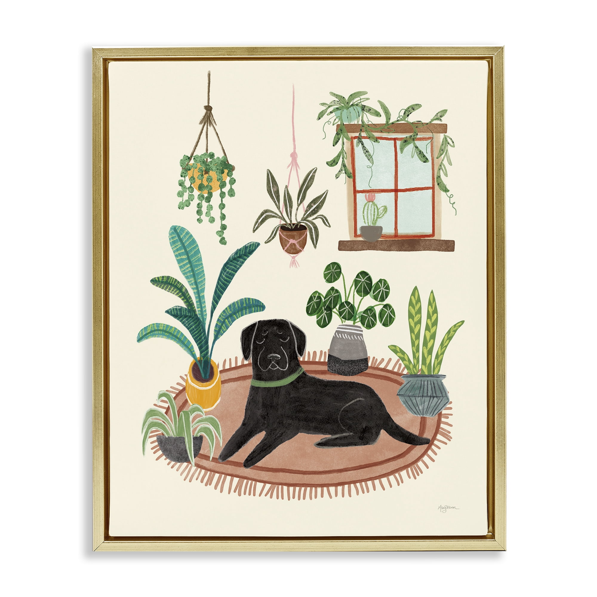 Stupell Industries Fun Dog & House Plants Animals & Insects Painting Gold Floater Framed Canvas Art Print Wall Art, 17 x 21