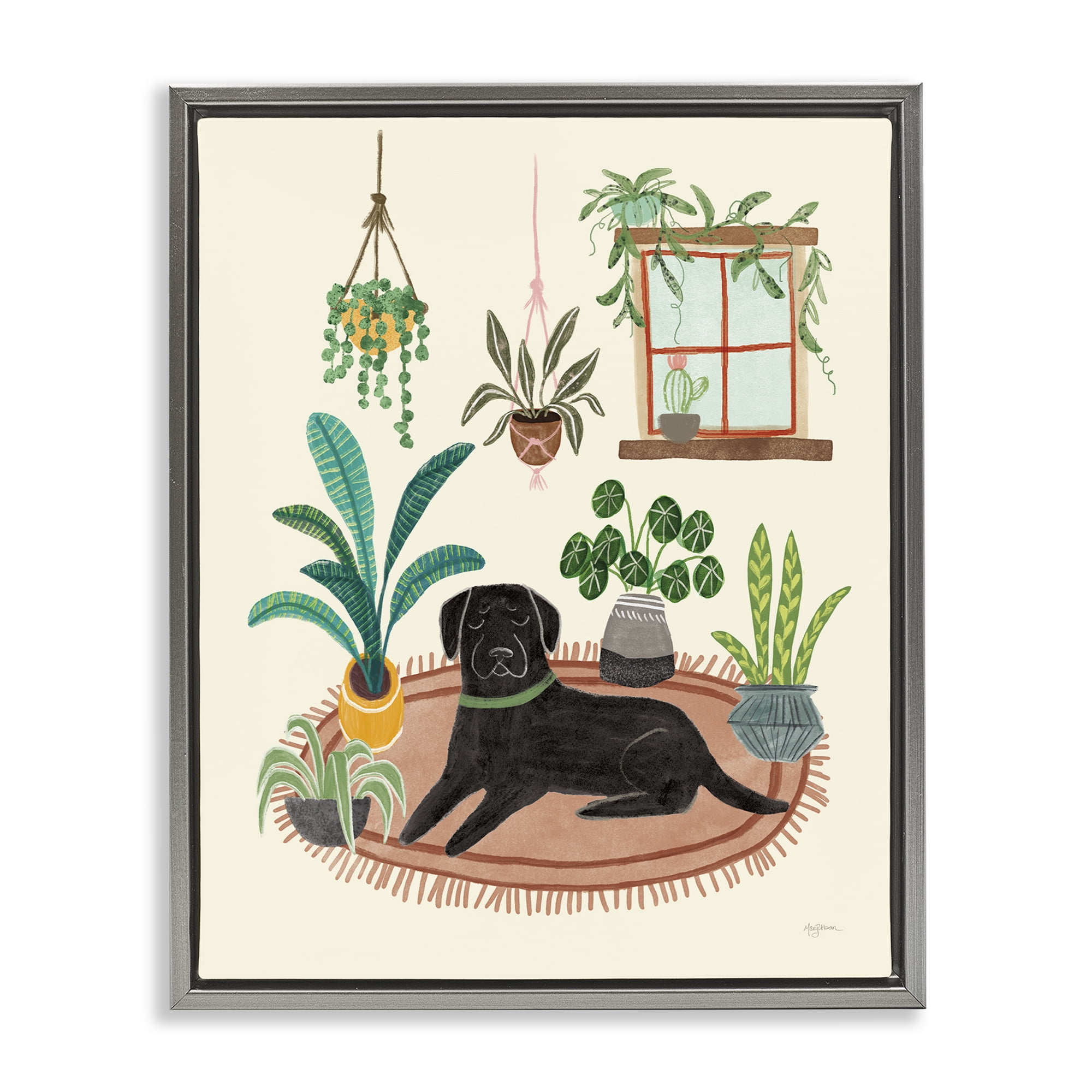 Stupell Industries Fun Dog & House Plants Animals & Insects Painting Gray Floater Framed Canvas Art Print Wall Art, 17 x 21